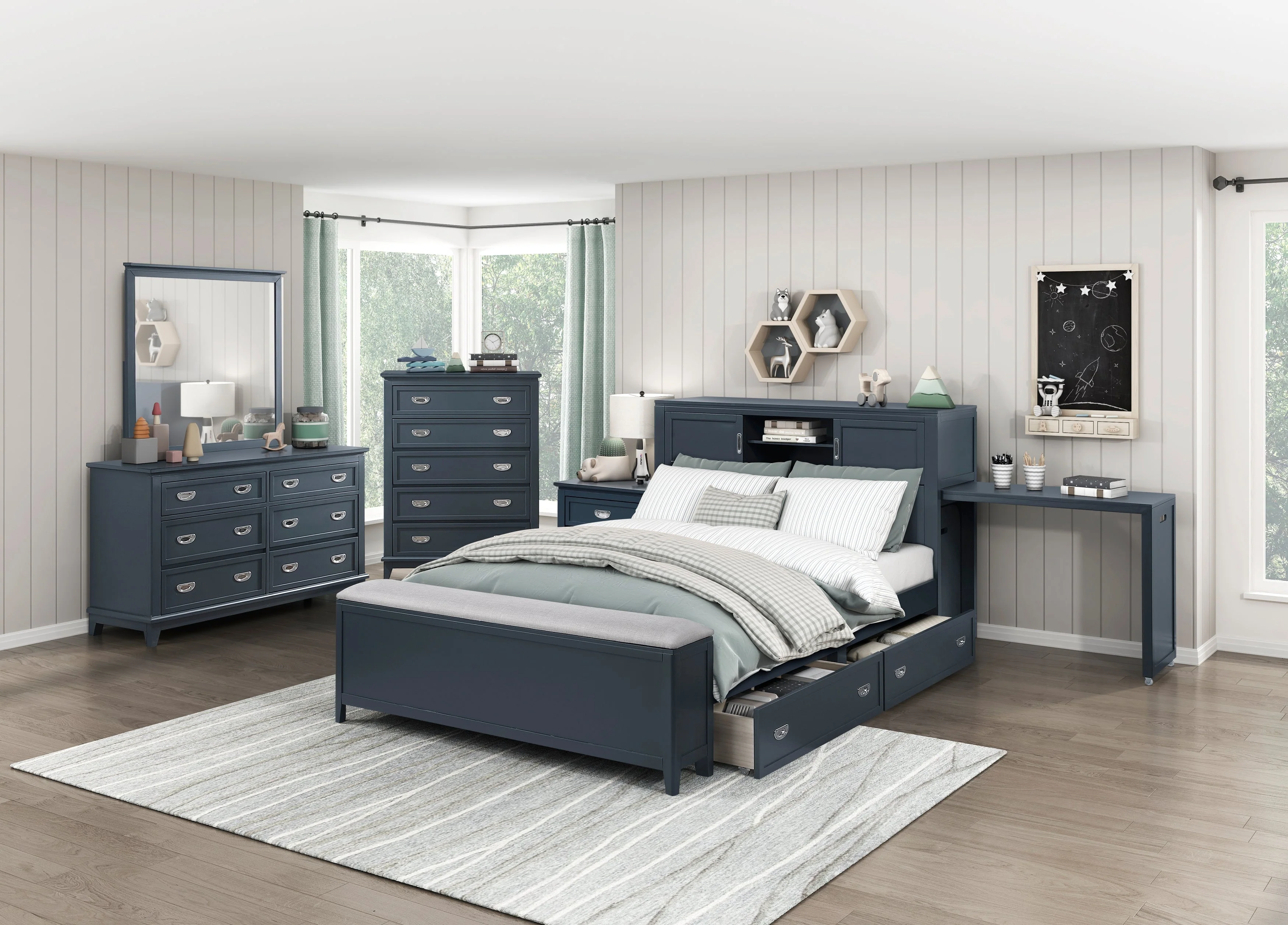 Sloane Navy Blue Full Bookcase Bed with Hidden Desk, Stool and Storage Bench - Image 34