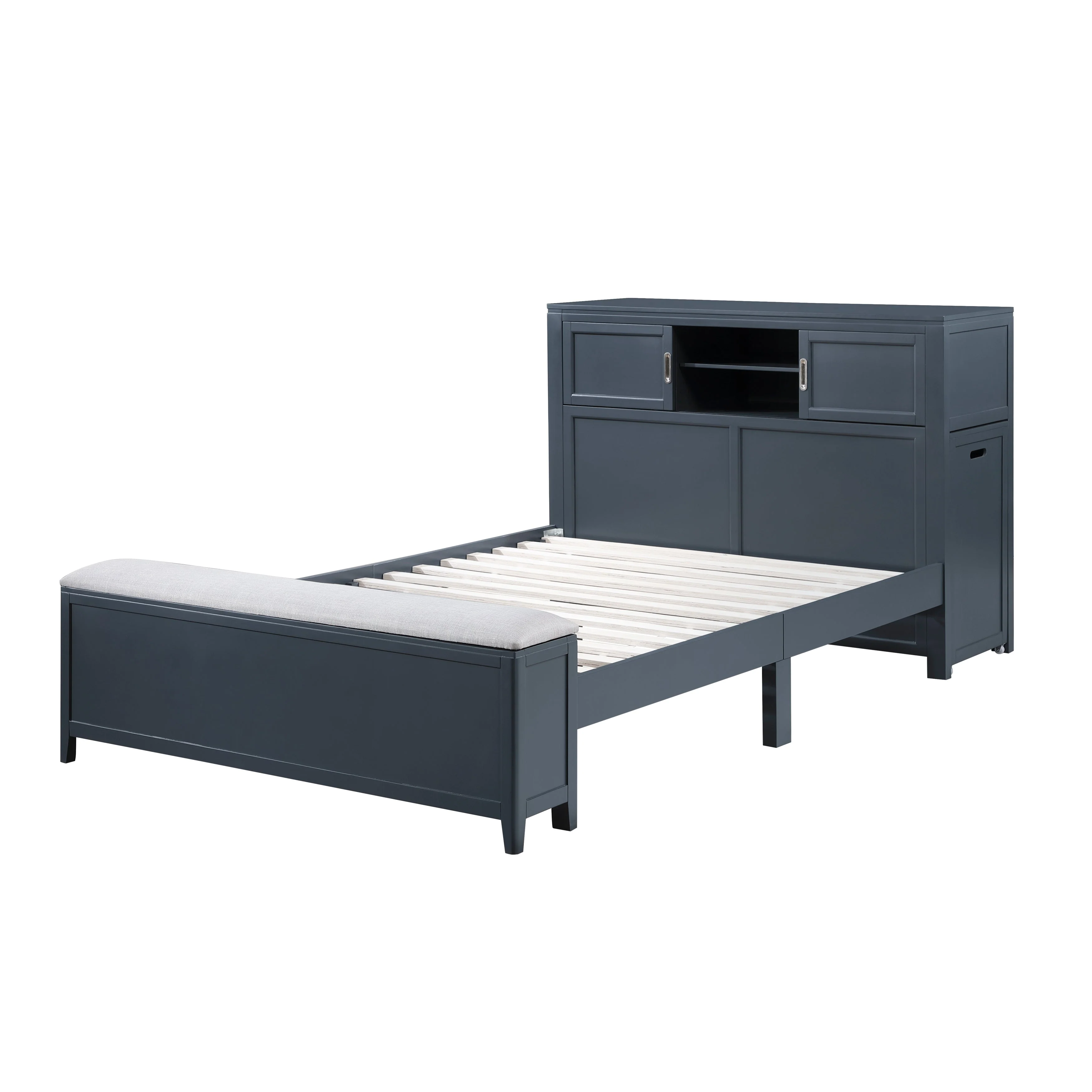 Sloane Navy Blue Full Bookcase Bed with Hidden Desk, Stool and Storage Bench - Image 4