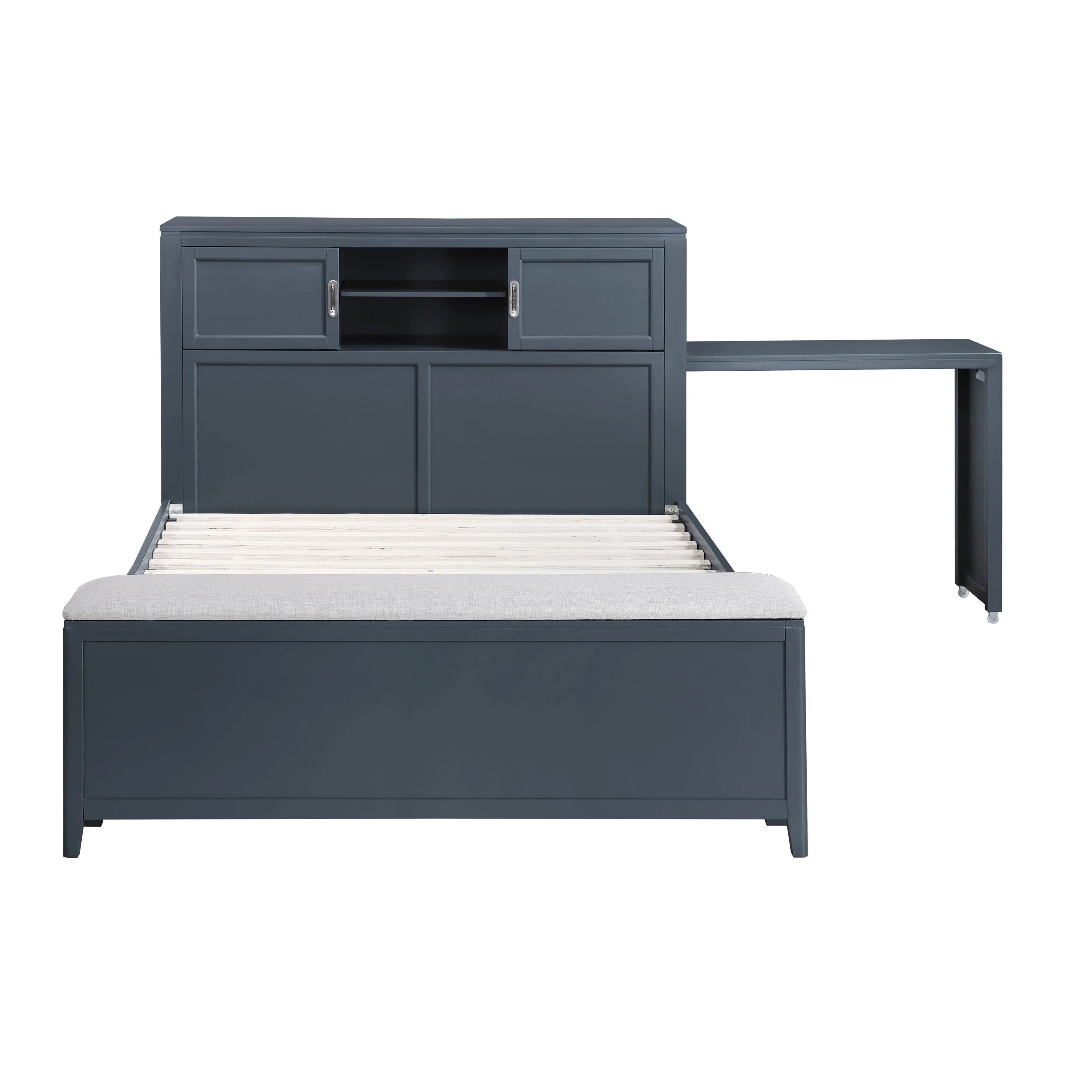 Sloane Navy Blue Full Bookcase Bed with Hidden Desk, Stool and Storage Bench - Image 8