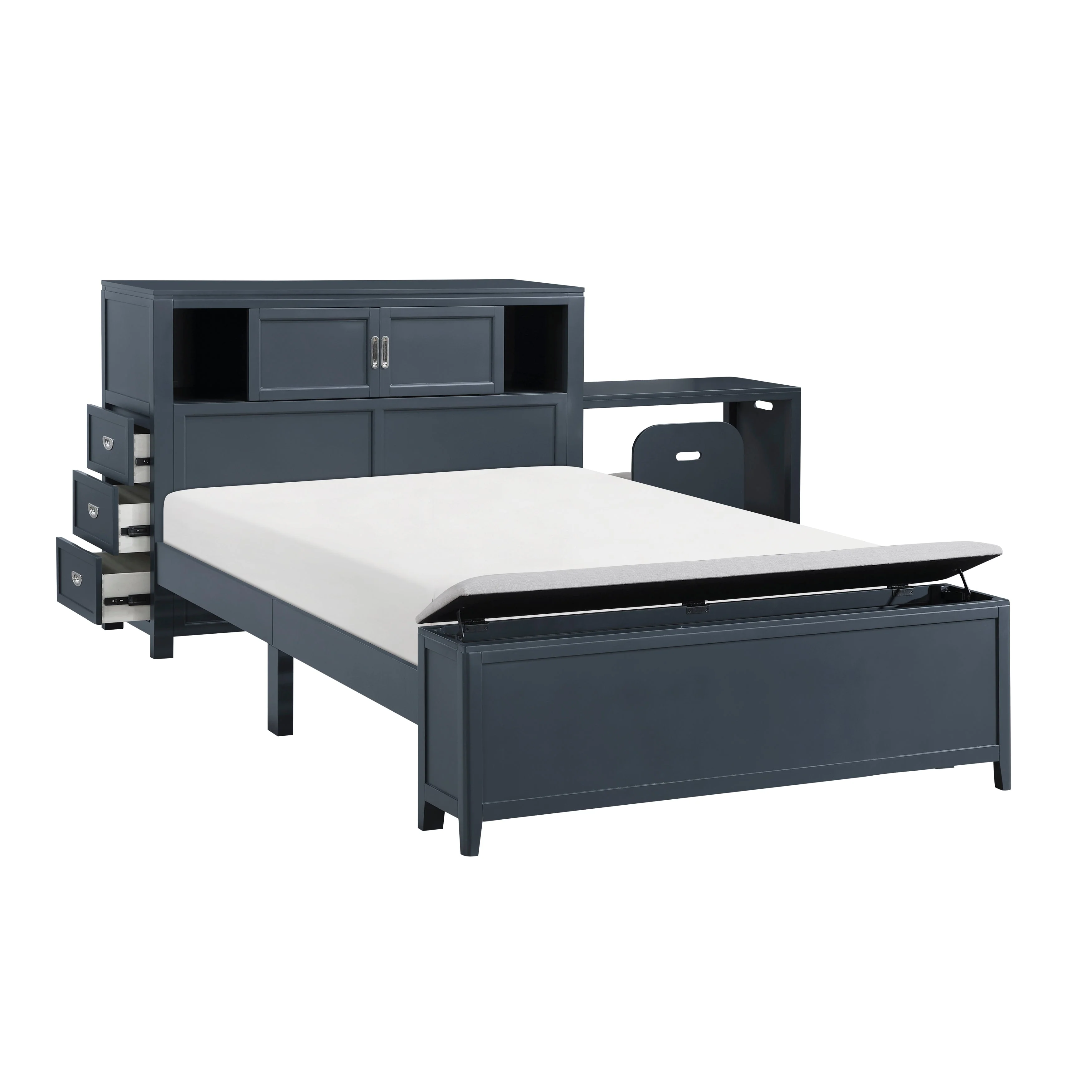 Sloane Navy Blue Full Bookcase Bed with Hidden Desk, Stool and Storage Bench - Image 9