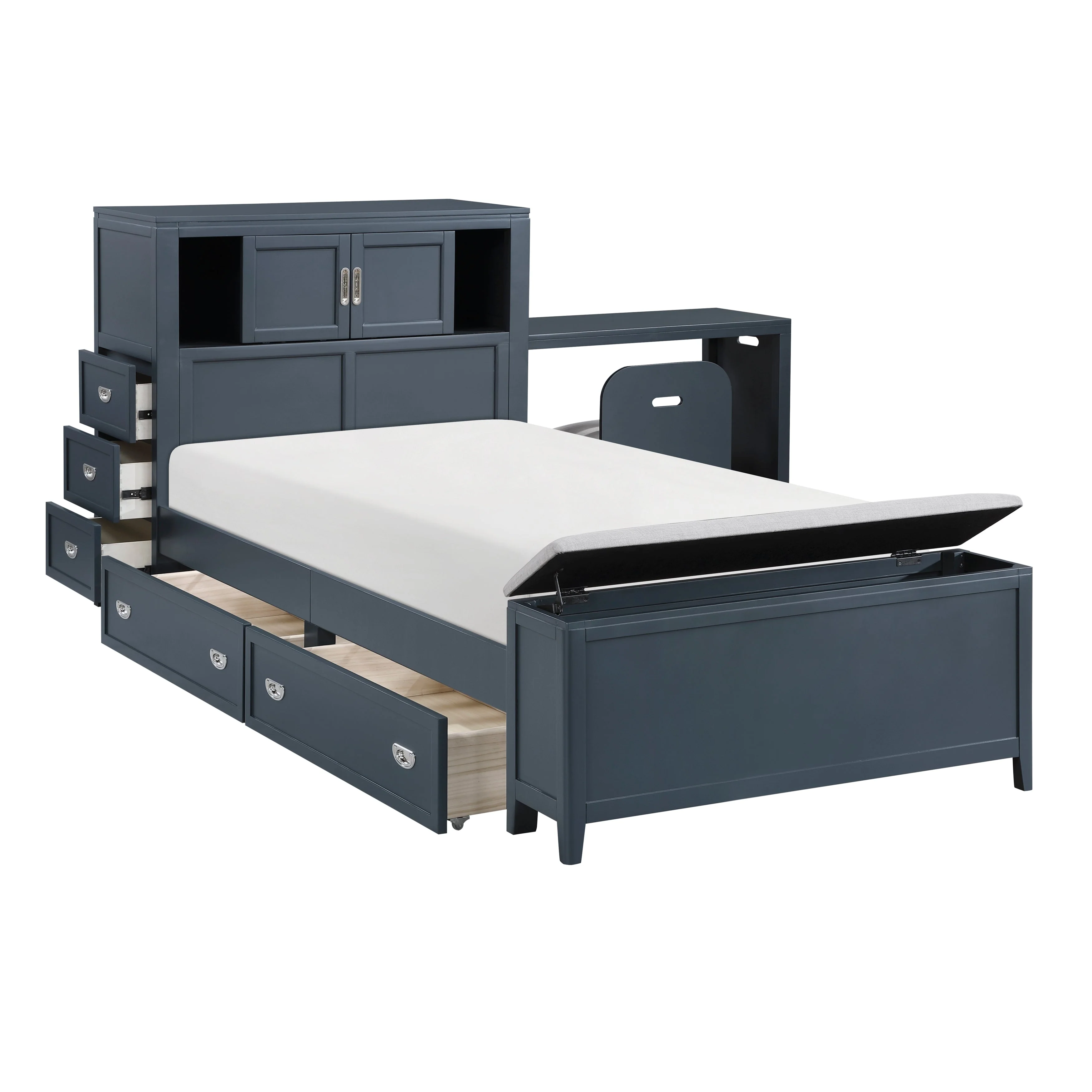 Sloane Navy Blue Twin Bookcase Bed with Hidden Desk, Stool and Storage Bench - Image 16