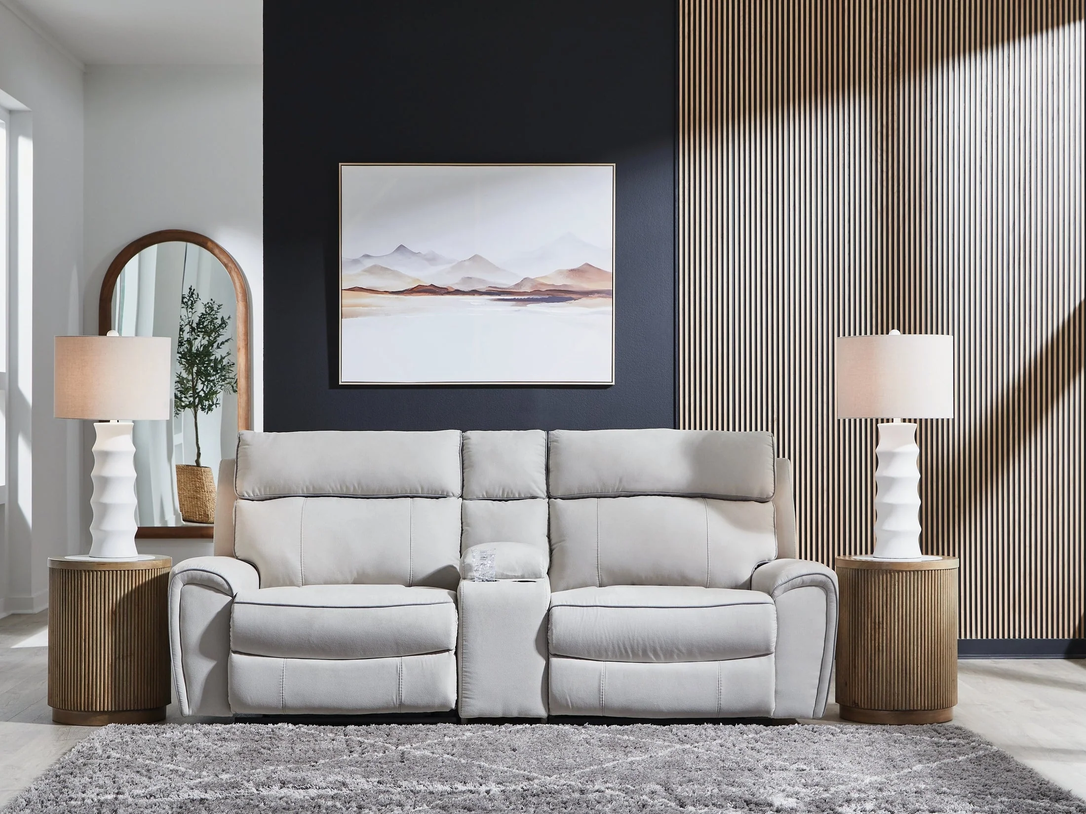 Social Pointe Pearl/Ash Dual Power Reclining Modular Loveseat with Console