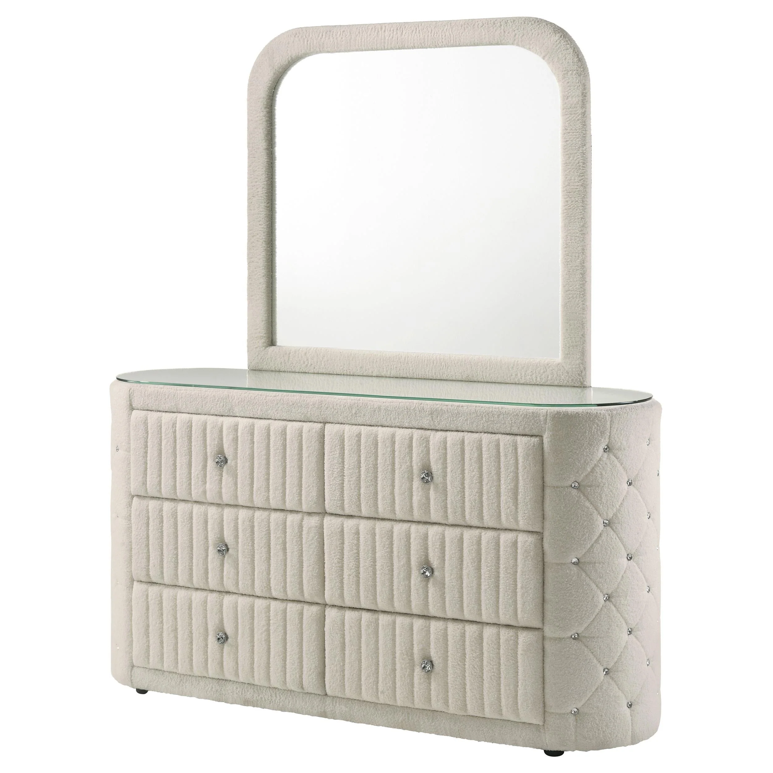 Sonya Ivory 6-Drawer Upholstered Bedroom Dresser with Mirror - Image 3