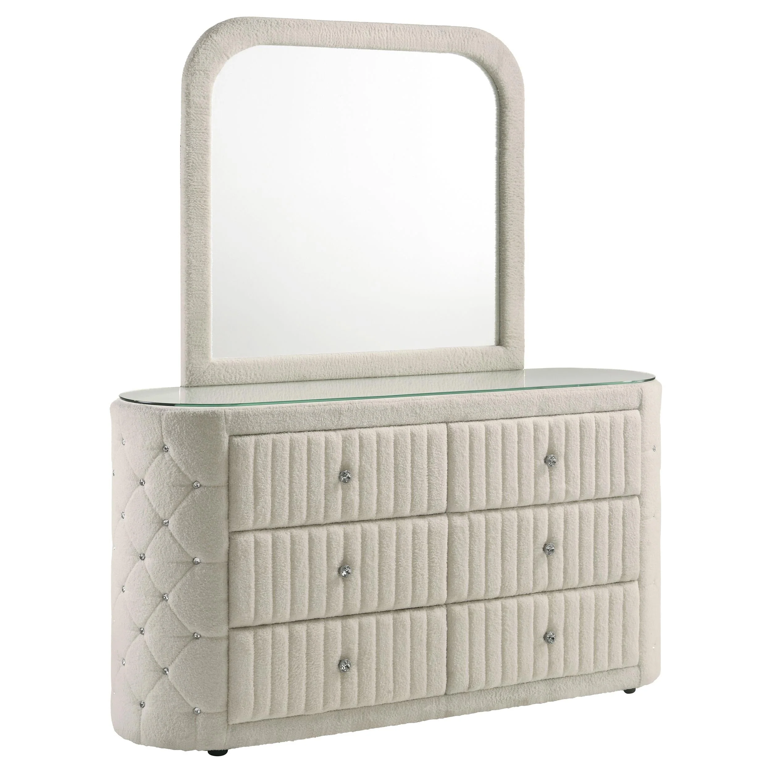 Sonya Ivory 6-Drawer Upholstered Bedroom Dresser with Mirror - Image 4
