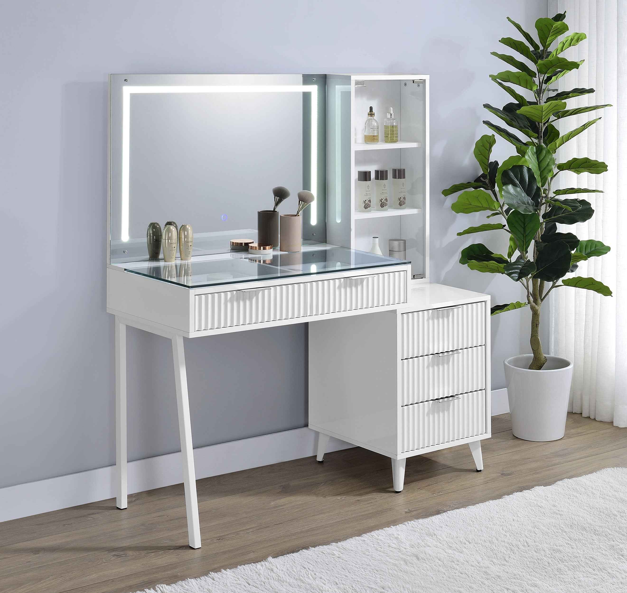 Souza White High Gloss 5-Drawer Makeup Vanity Table With LED Mirror - Image 2