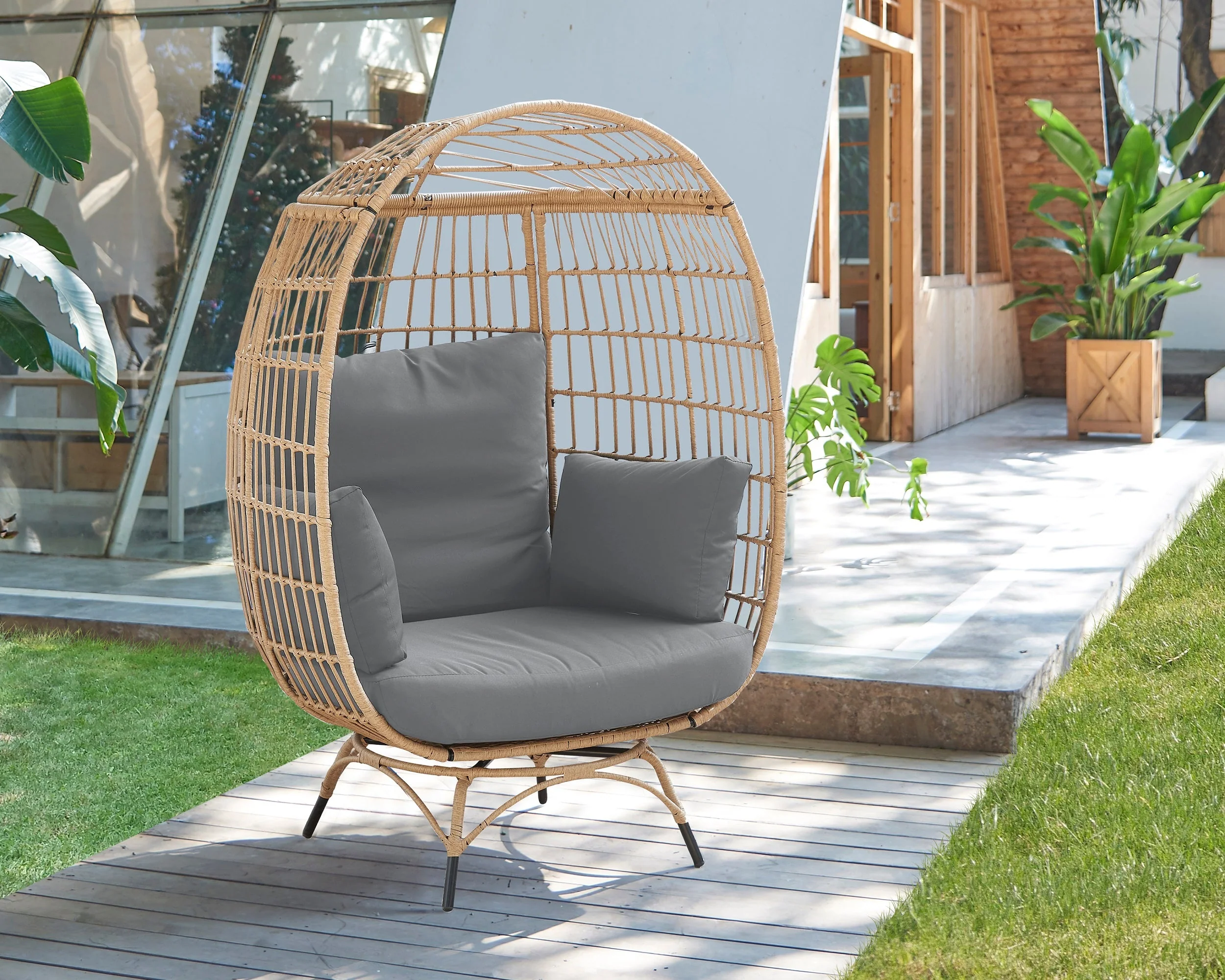 Spezia Patio Freestanding Egg Chair with Grey Cushions - Image 2