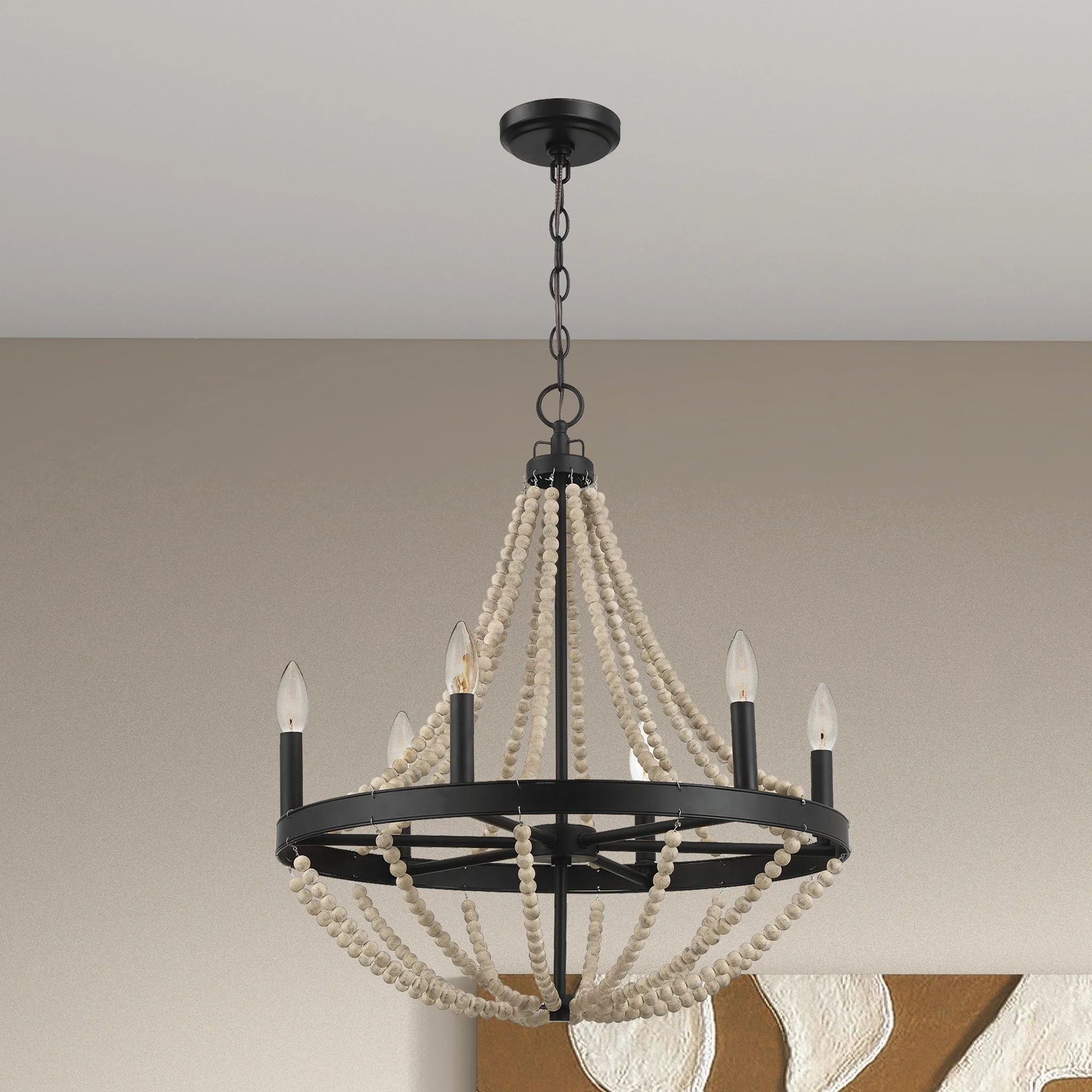 Starry Wood Chandelier Farmhouse Six Candle Light Wood Beaded Black Pendant Light for Dining Room - Image 4