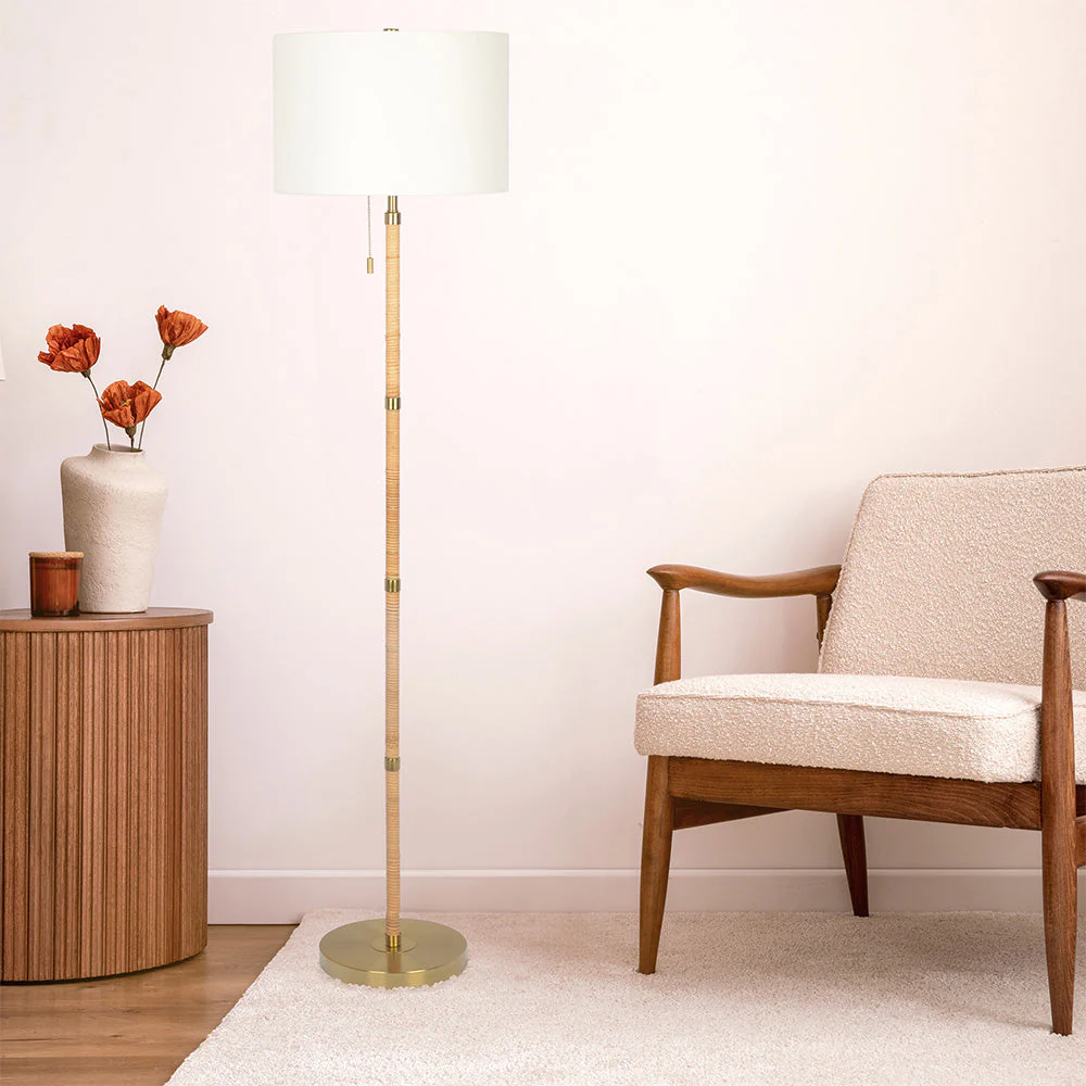 Stellar Wood Rattan Tube , Gold Brass Metal and White Linen Shade Floor Lamp - Image 3