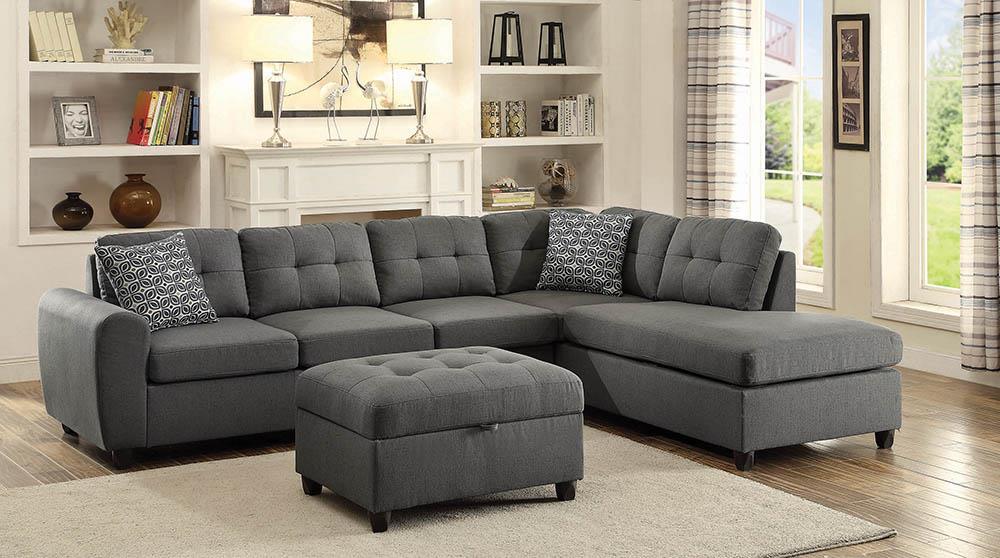 Stonenesse Grey Upholstered Tufted Sectional with Storage Ottoman