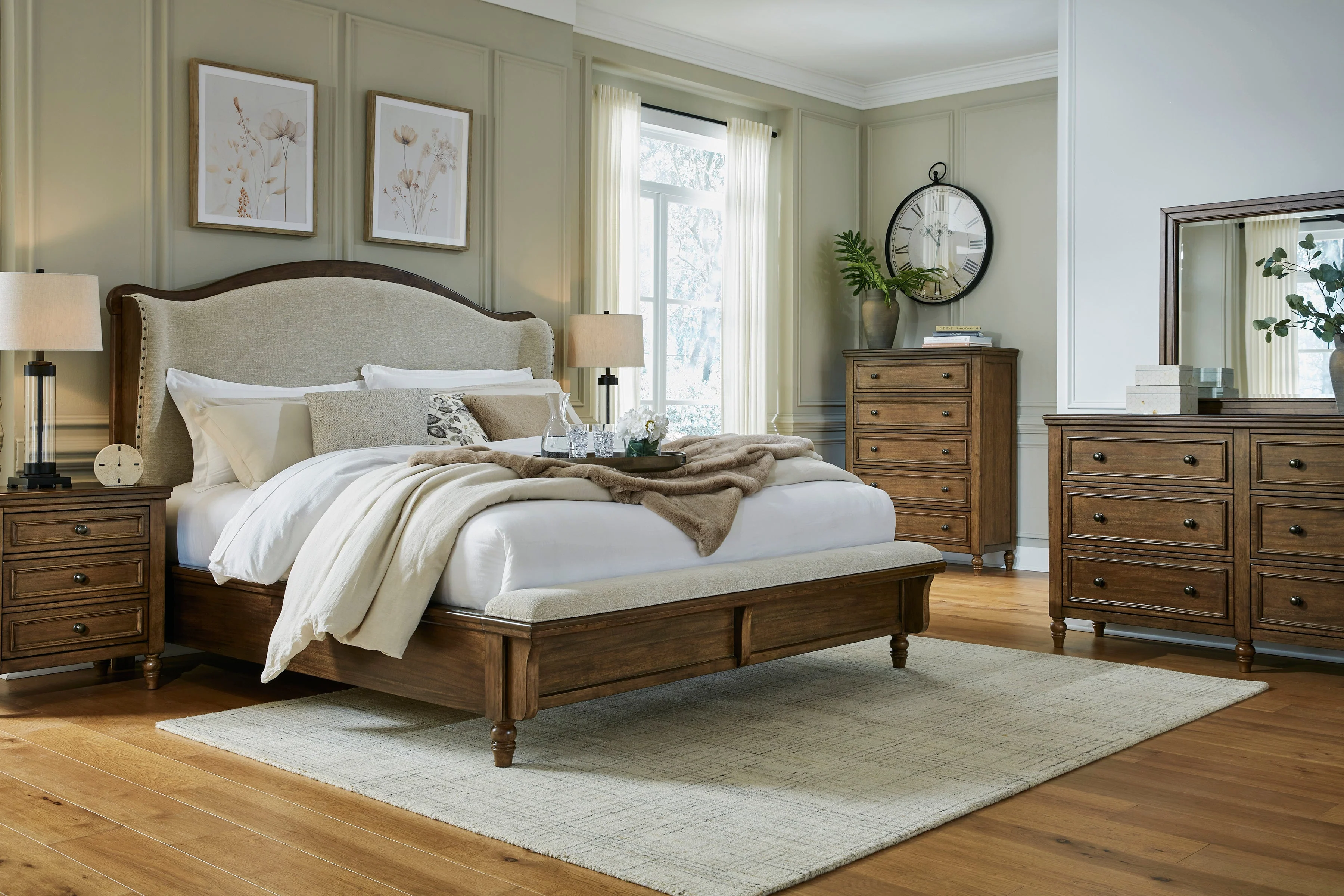 Sturlayne Brown California King Upholstered Panel Bed with Footboard Bench - Image 7