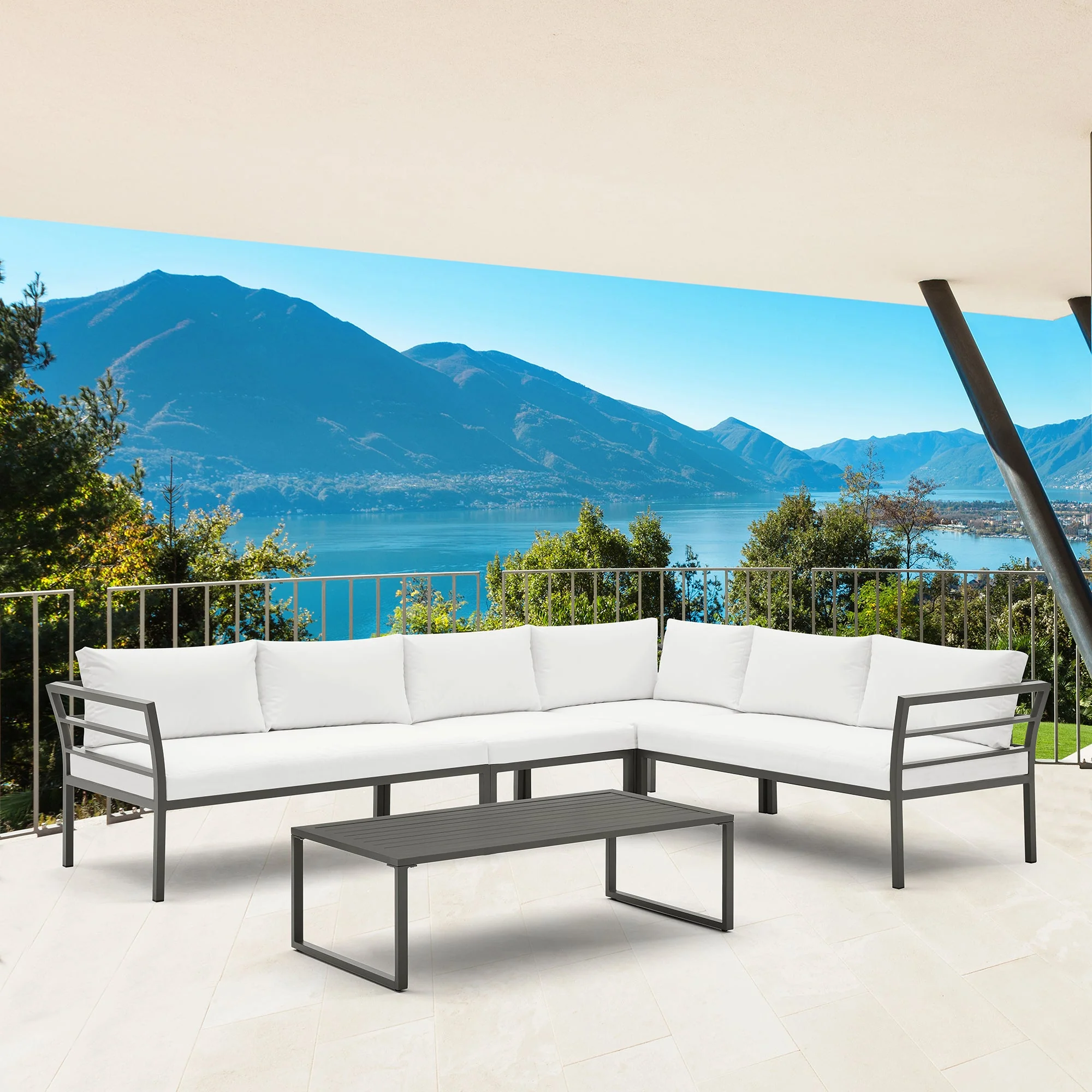 Sunnyside Corner Patio Conversation Set with Table in Grey on White - Image 2