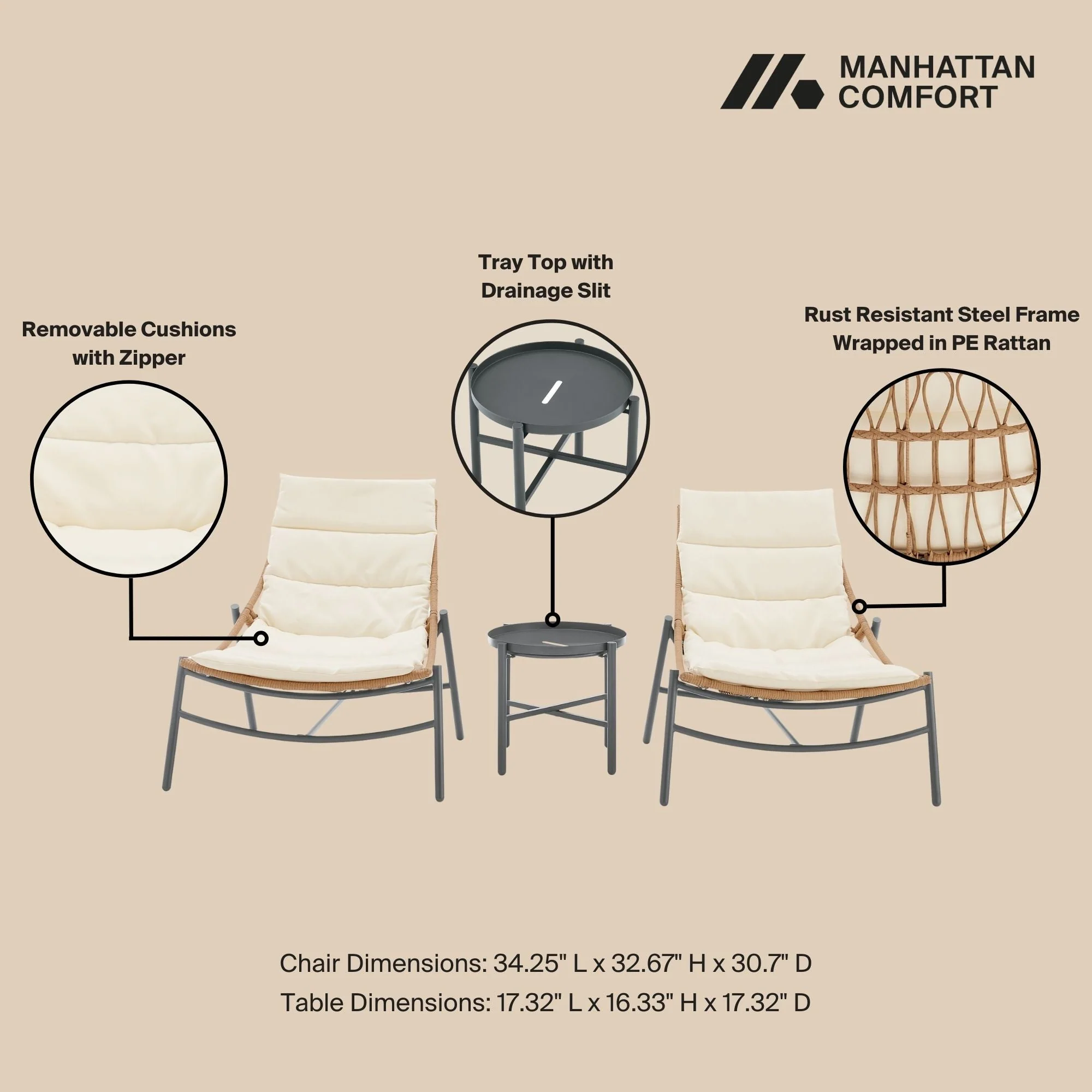 Sunset 3-Piece Patio Conversation Set in Cream - Image 4