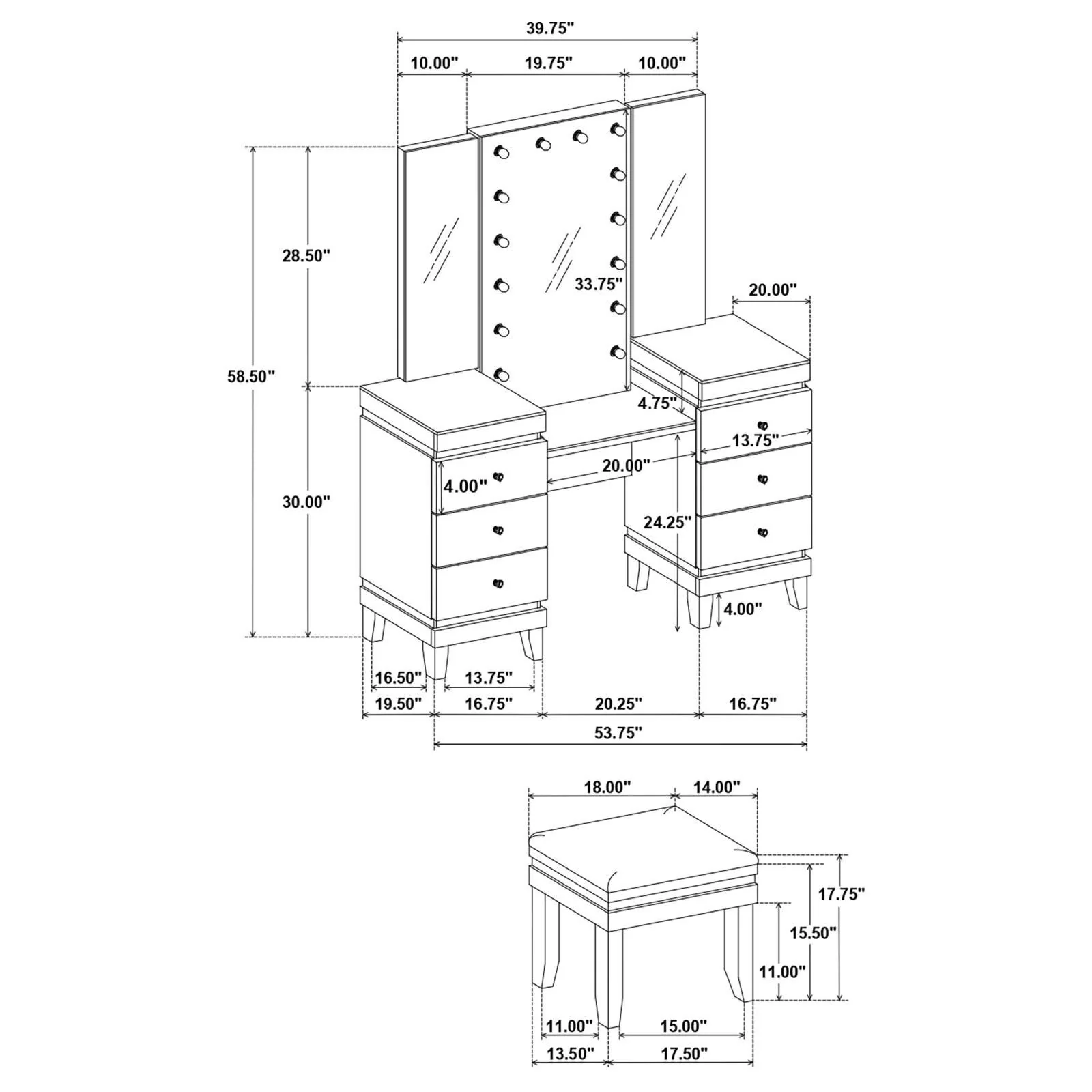 Talei Black and White 6-drawer Vanity Set with Hollywood Lighting - Image 14