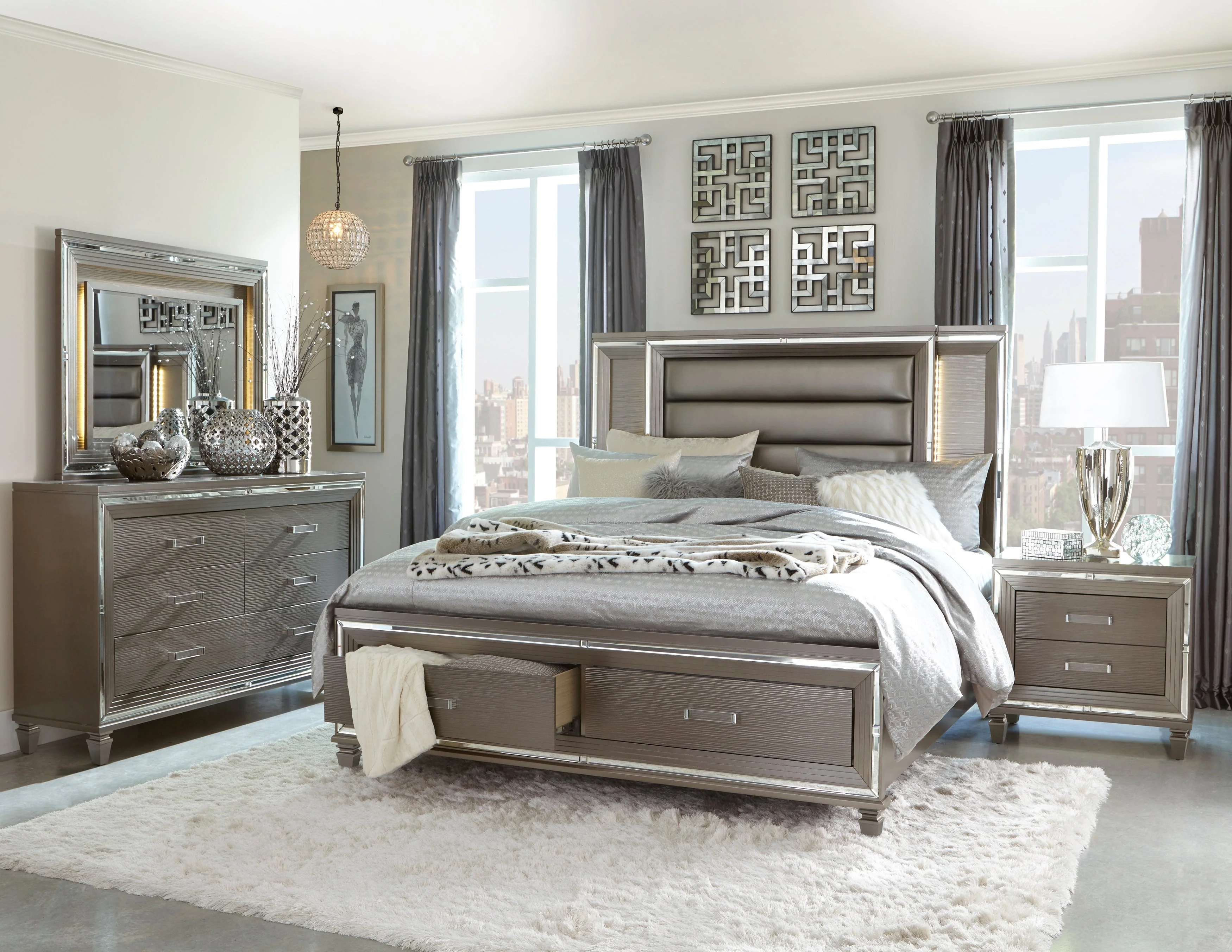 Tamsin Silver/Gray Metallic California King LED Upholstered Storage Platform Bed - Image 5