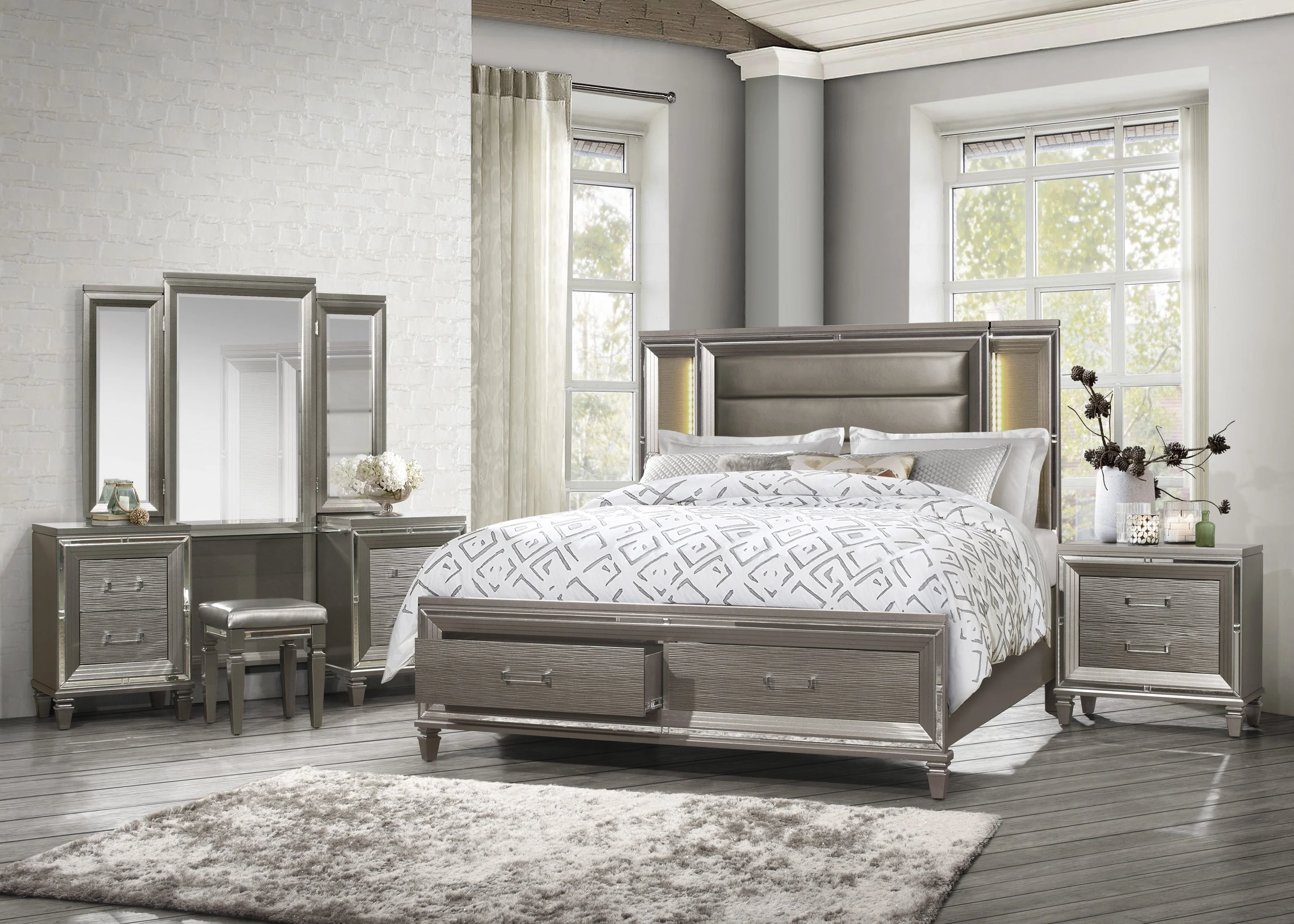 Tamsin Silver/Gray Metallic California King LED Upholstered Storage Platform Bed - Image 6
