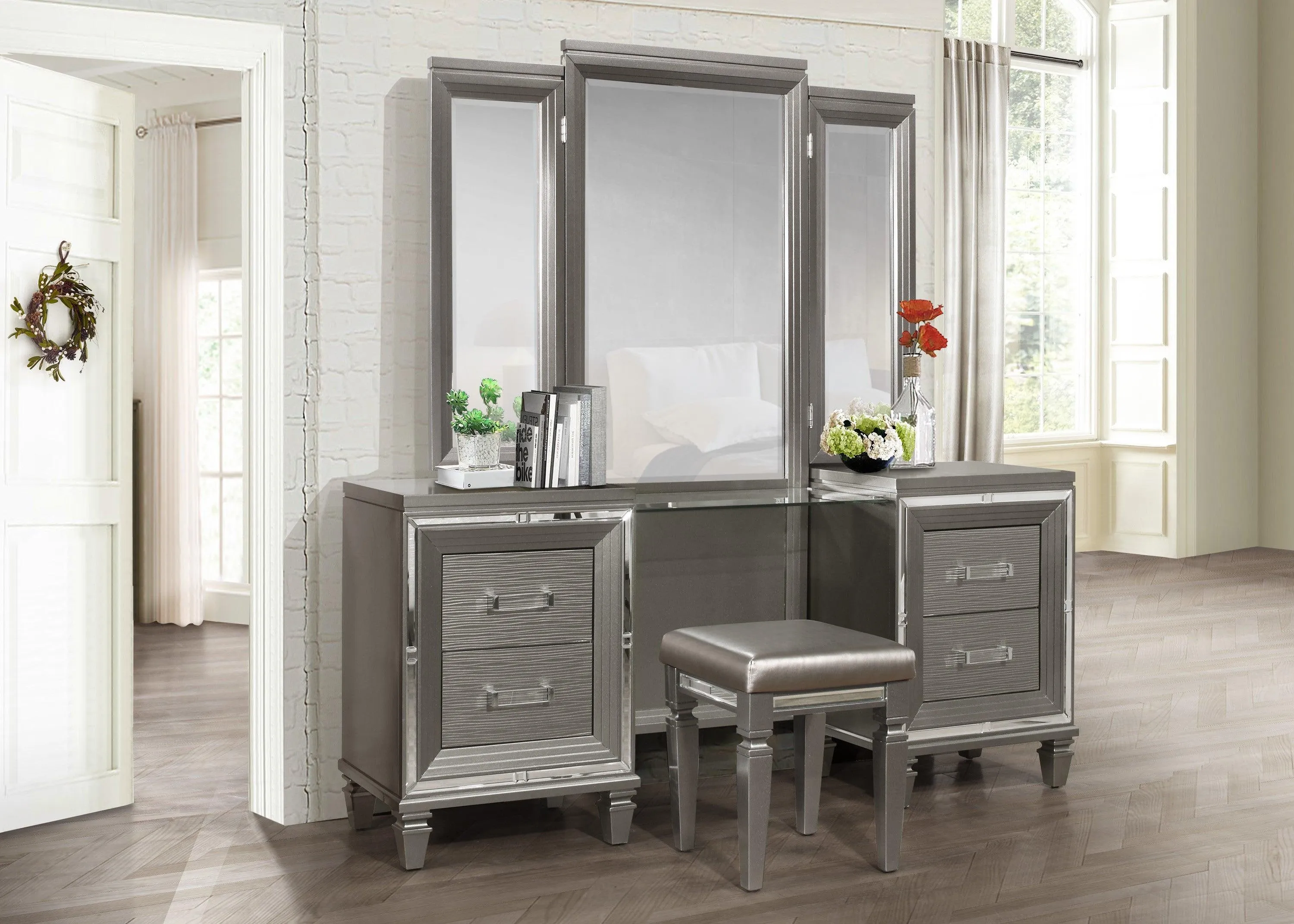 Tamsin Silver/Gray Metallic Vanity Stool - Image 3