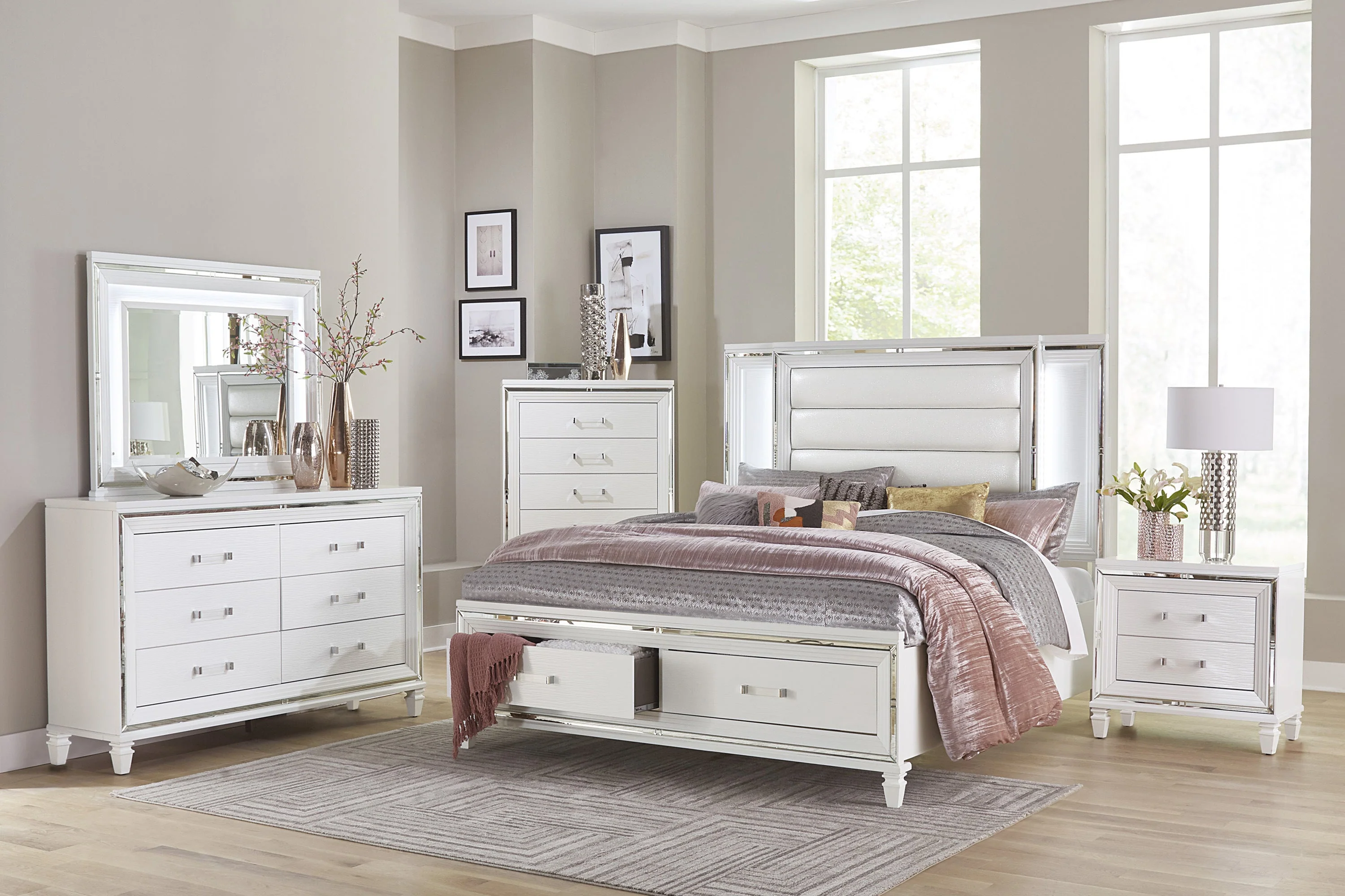 Tamsin White California King LED Upholstered Storage Platform Bed - Image 6