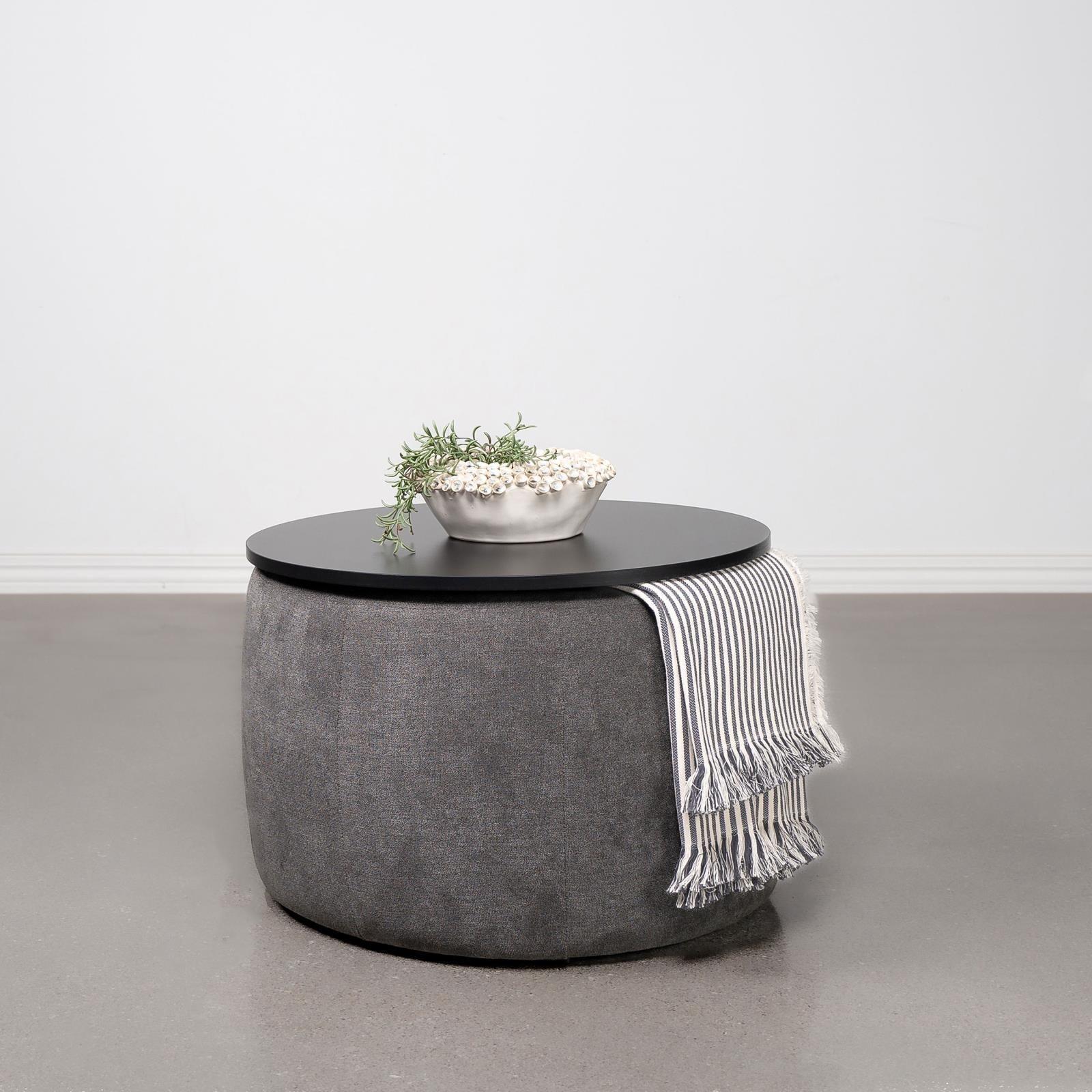 Tesoro Grey and Black Upholstered Round Lift Top Storage Ottoman