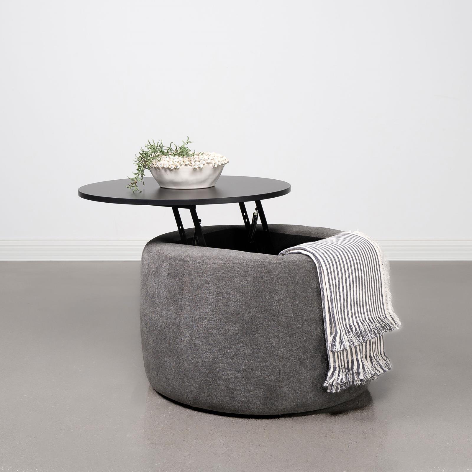Tesoro Grey and Black Upholstered Round Lift Top Storage Ottoman - Image 2