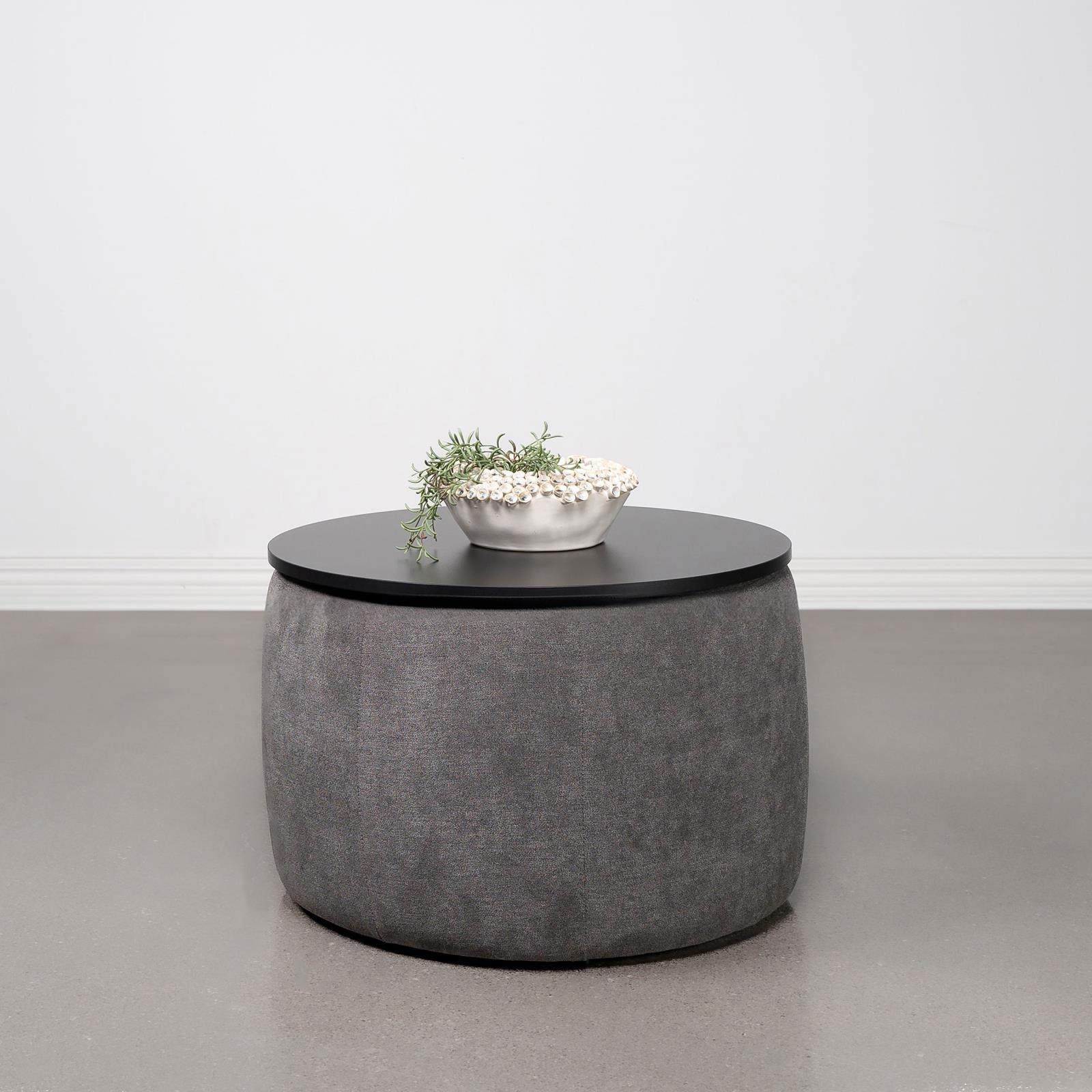 Tesoro Grey and Black Upholstered Round Lift Top Storage Ottoman - Image 3