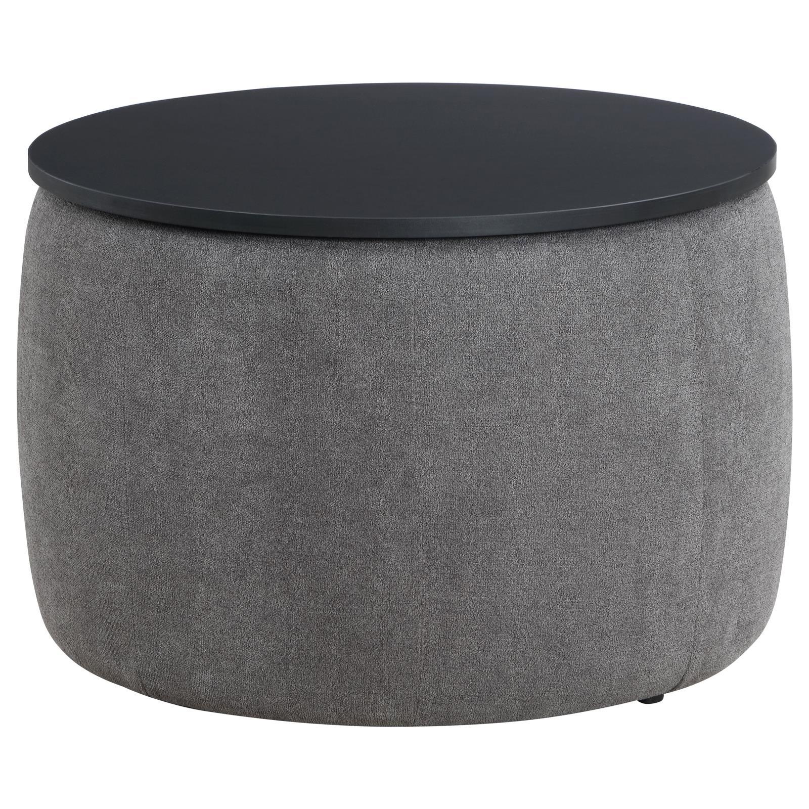 Tesoro Grey and Black Upholstered Round Lift Top Storage Ottoman - Image 4