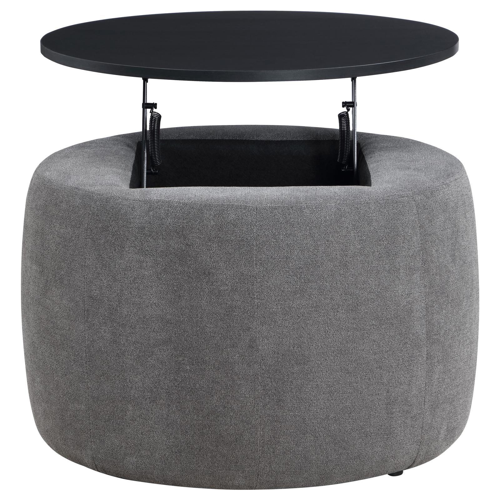 Tesoro Grey and Black Upholstered Round Lift Top Storage Ottoman - Image 5