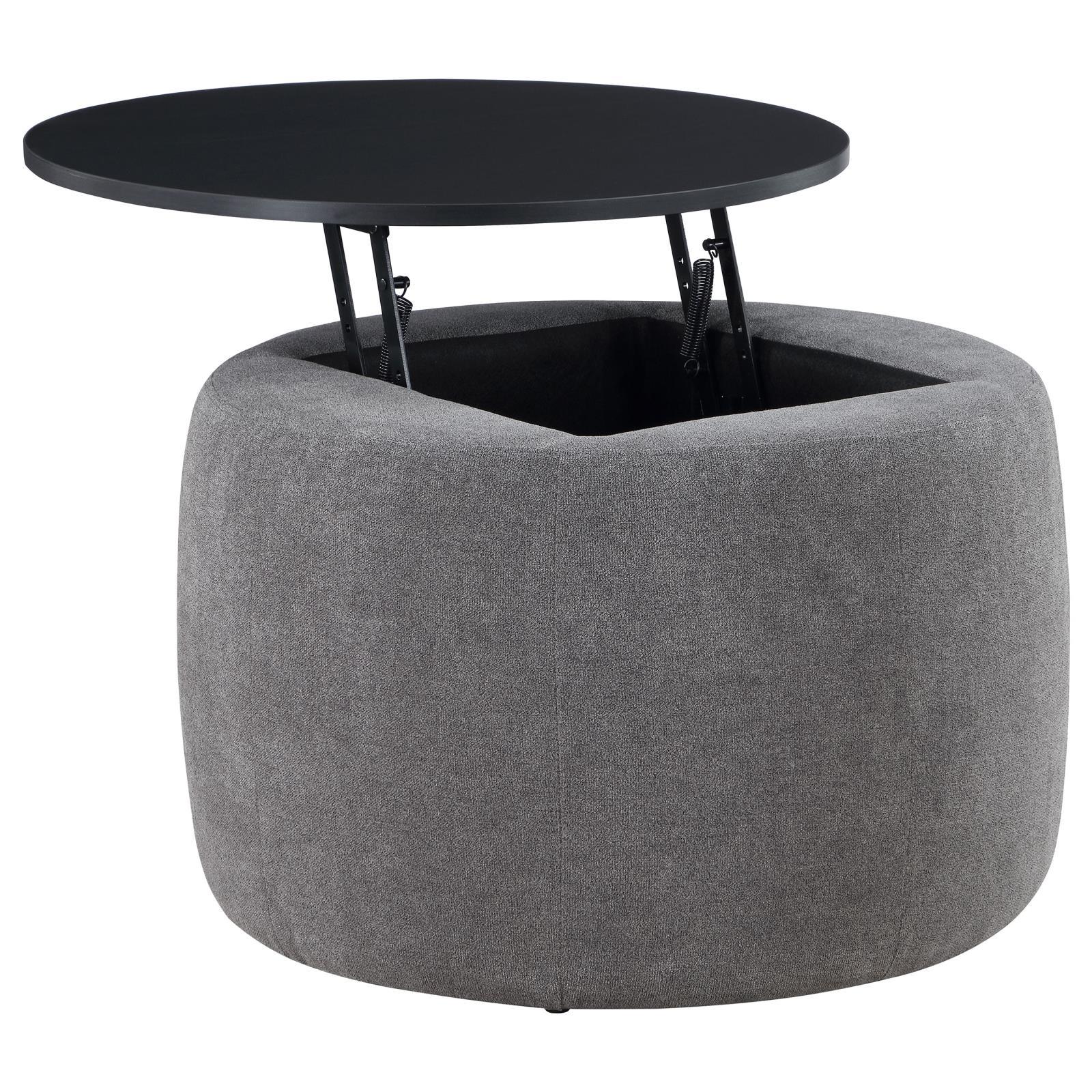 Tesoro Grey and Black Upholstered Round Lift Top Storage Ottoman - Image 6
