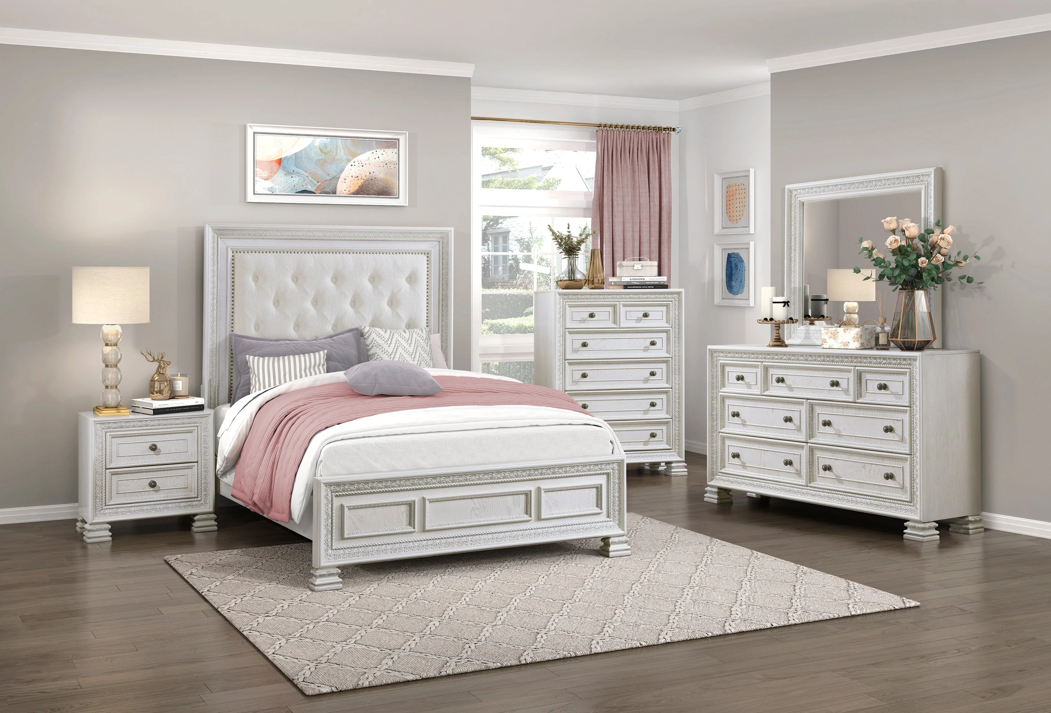 Theodora Pearl White King Panel Bed - Image 8