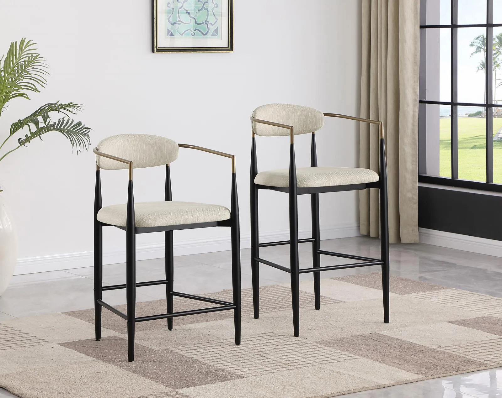 Tina Beige Metal Pub Height Upholstered Bar Stool, Set of 2