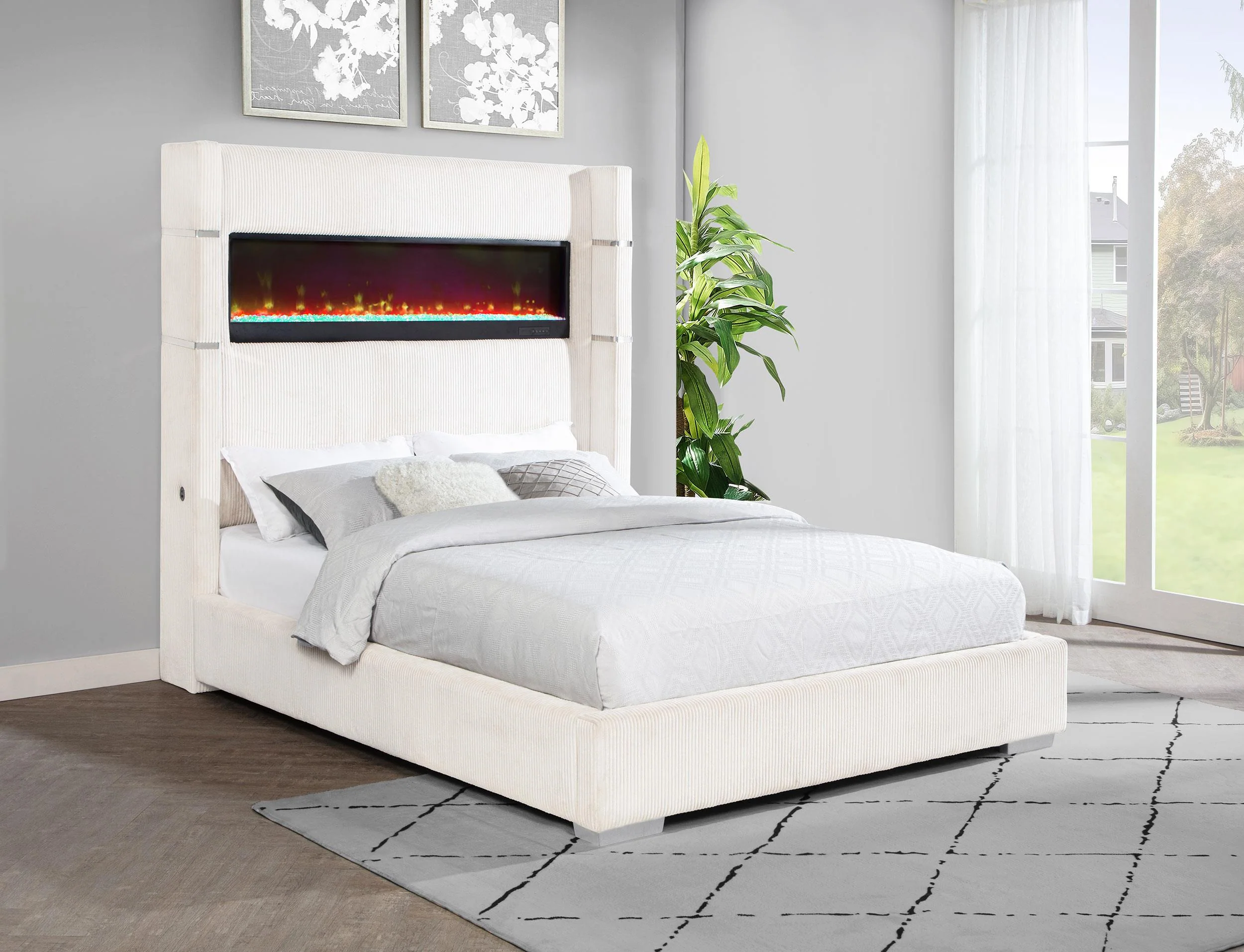 Tisdall Cream 67-inch Upholstered Queen Fireplace Bed