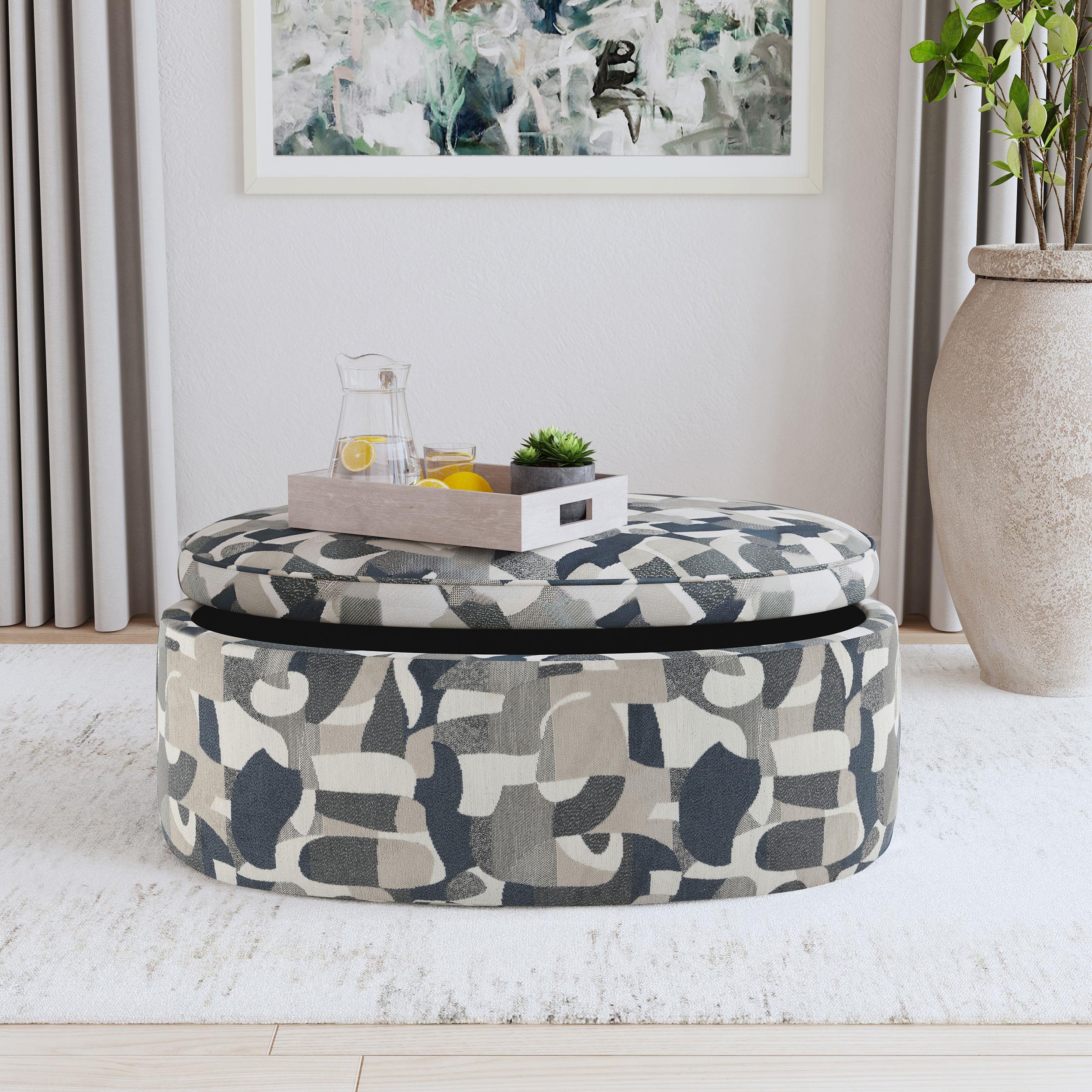Tomkins Indigo Blue Oval Upholstered Storage Ottoman - Image 2