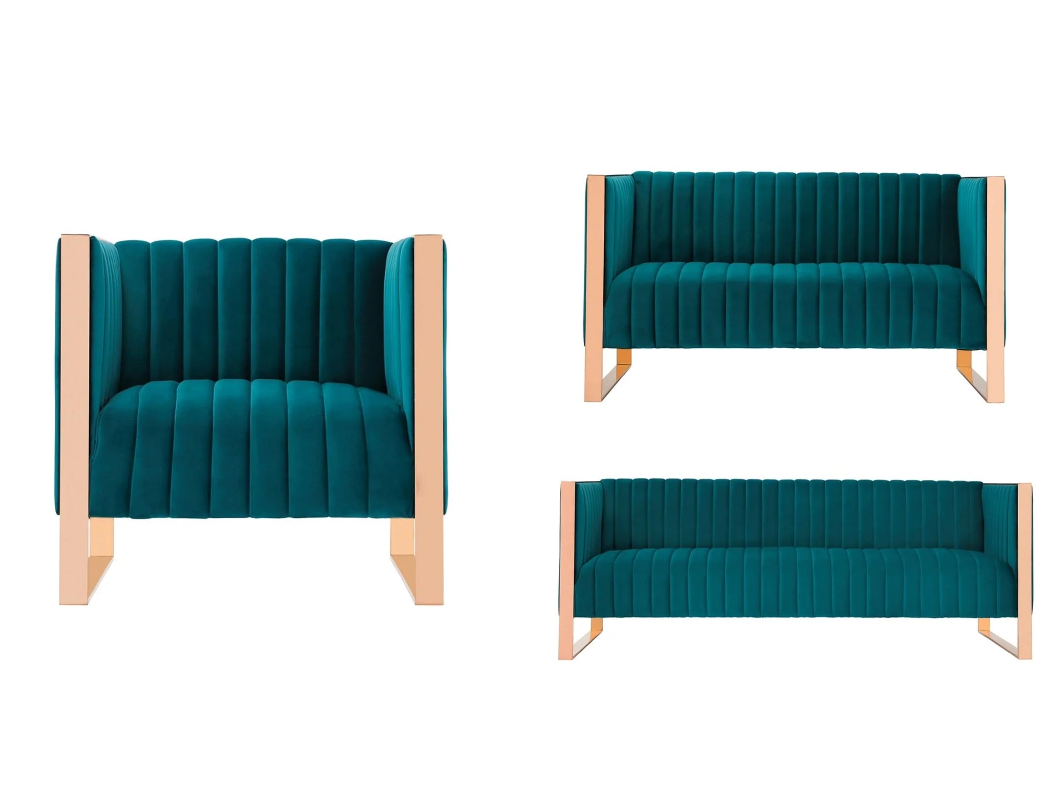 Trillium 3 Piece - Sofa, Loveseat and Armchair Set in Teal and Gold