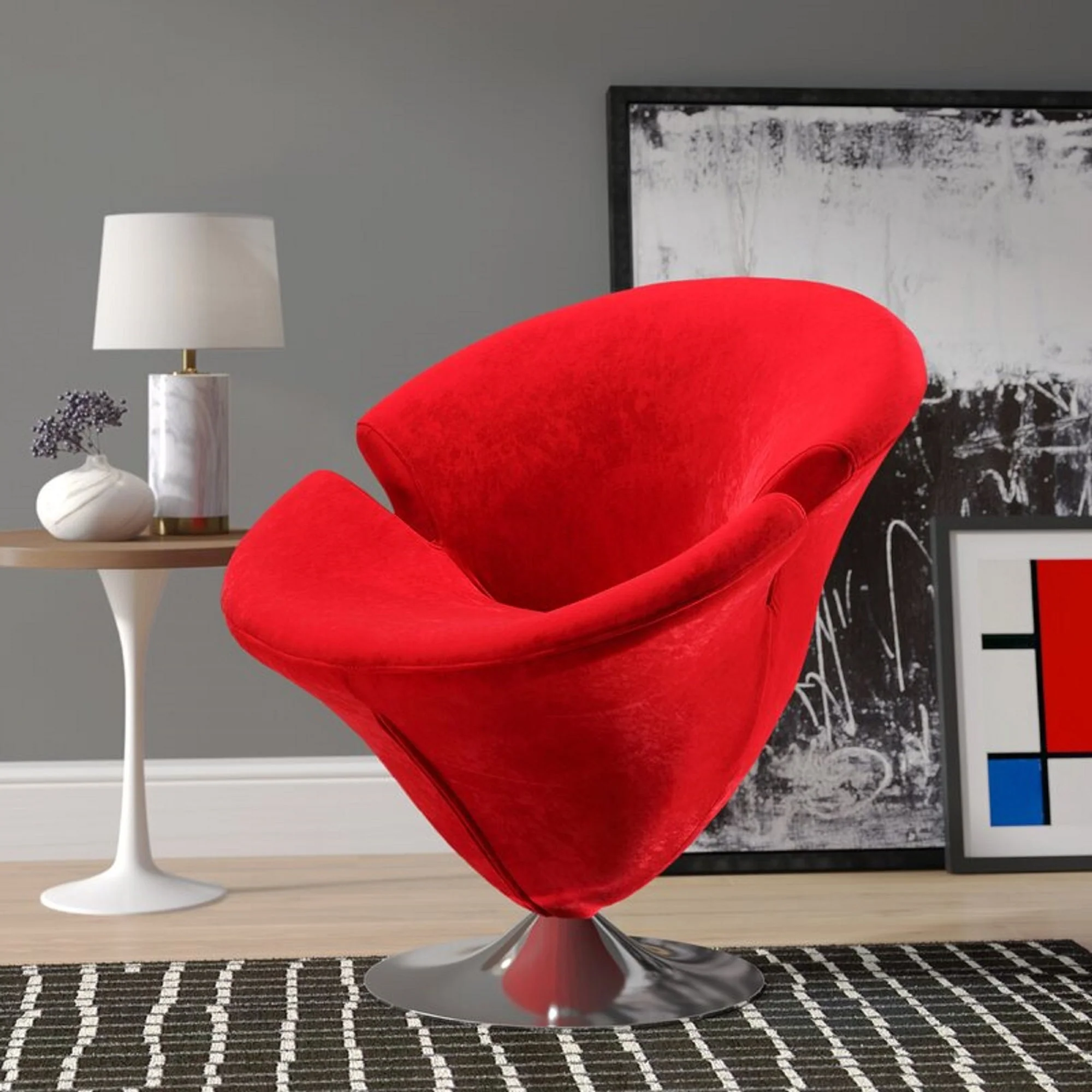 Tulip Swivel Accent Chair in Red and Polished Chrome - Image 2