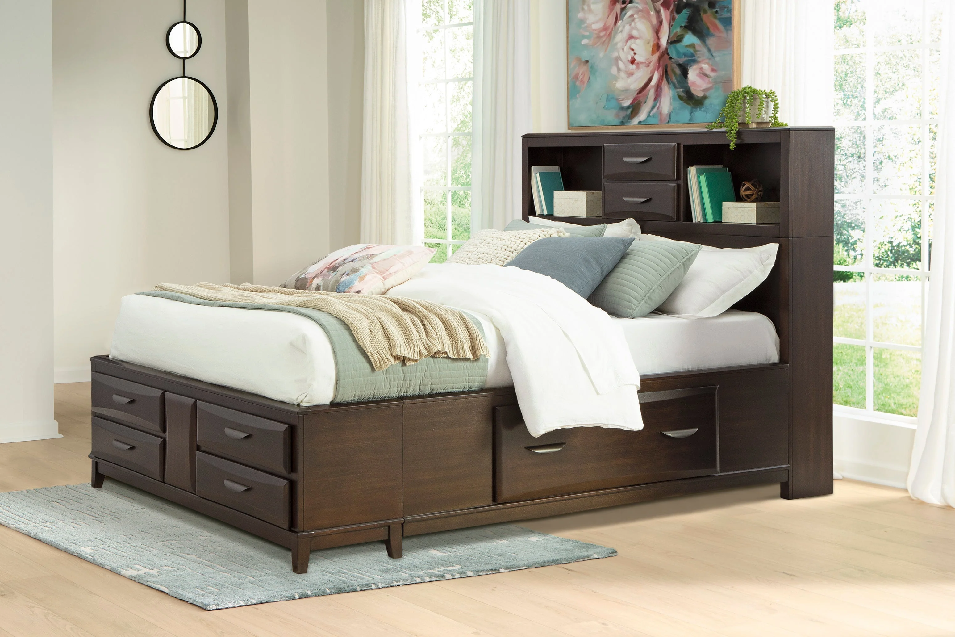 Vanmore Dark Brown Queen Bookcase Storage Platform Bed - Image 2