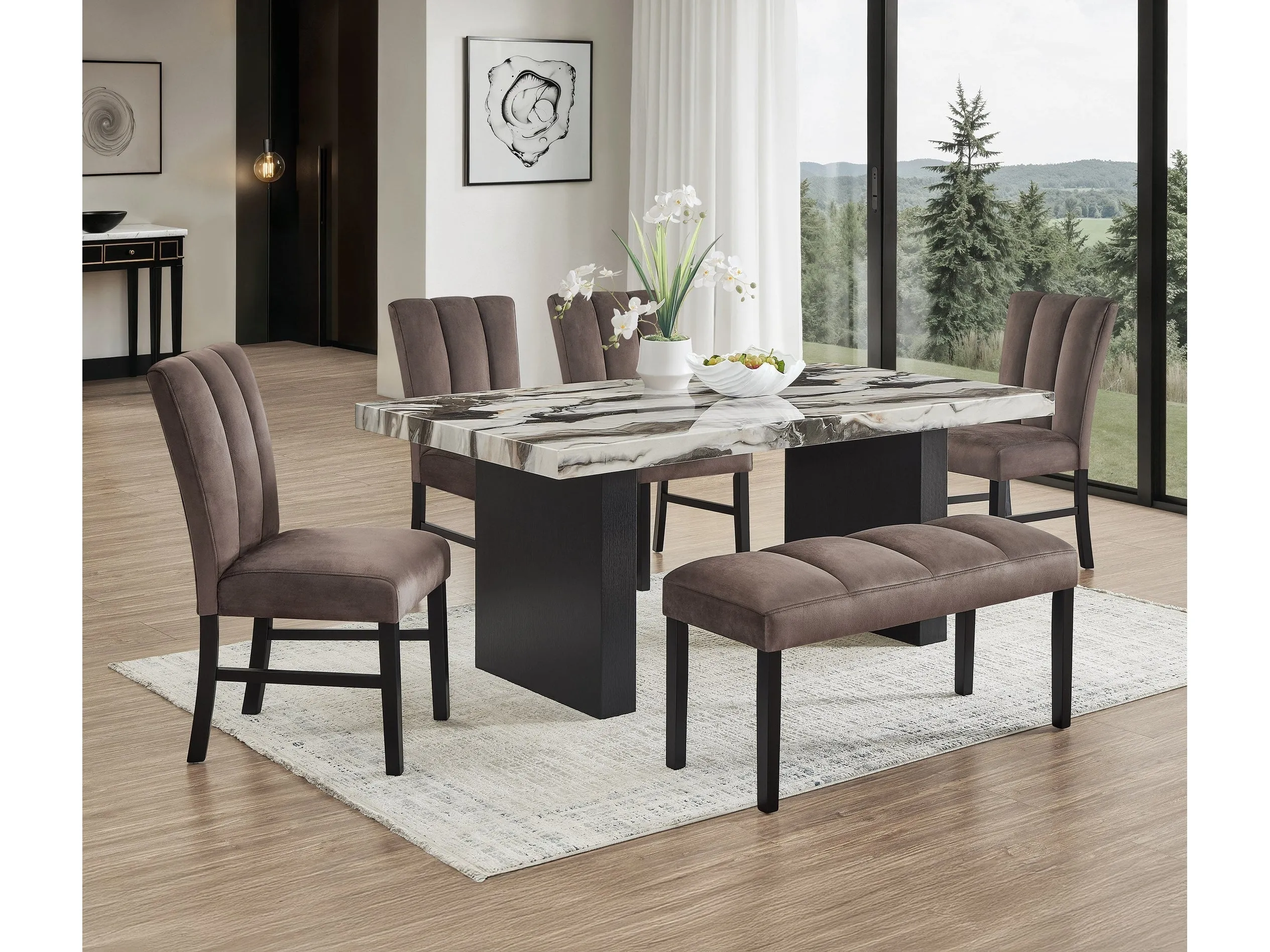 Vega Black/Brown Faux Marble Dining Set