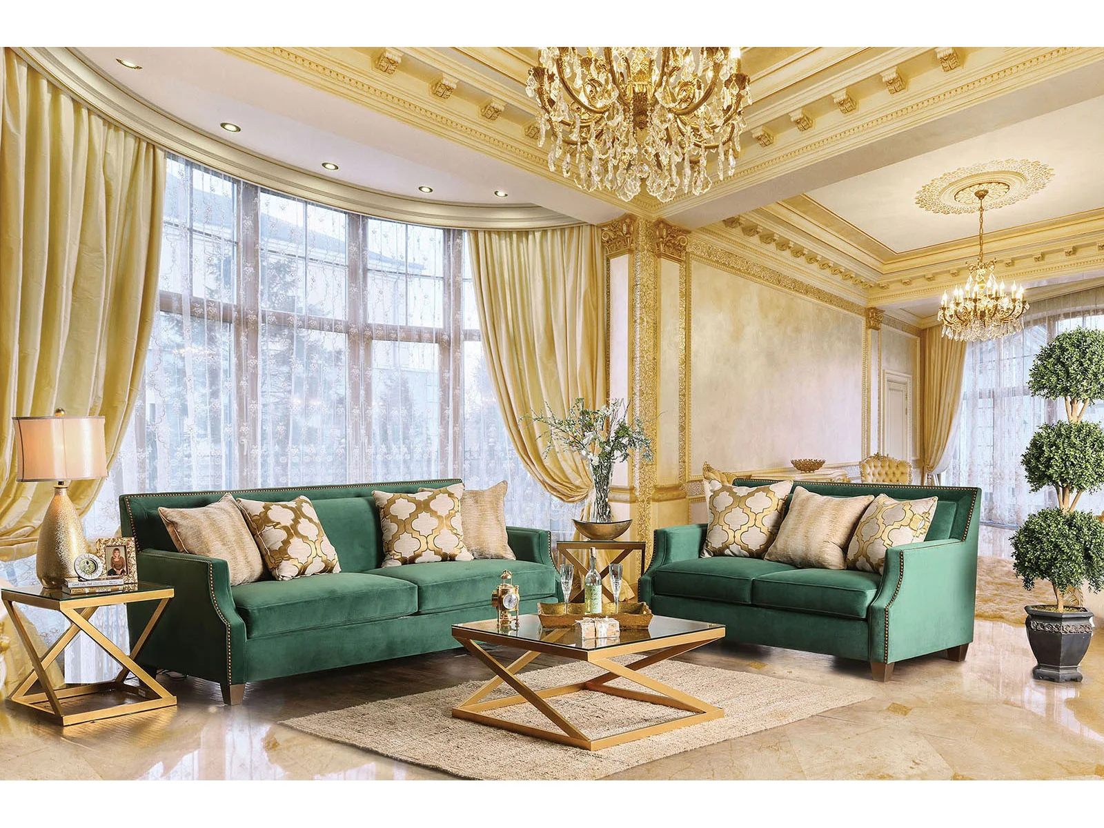 Verdante Emerald Green/Gold Sofa & Loveseat