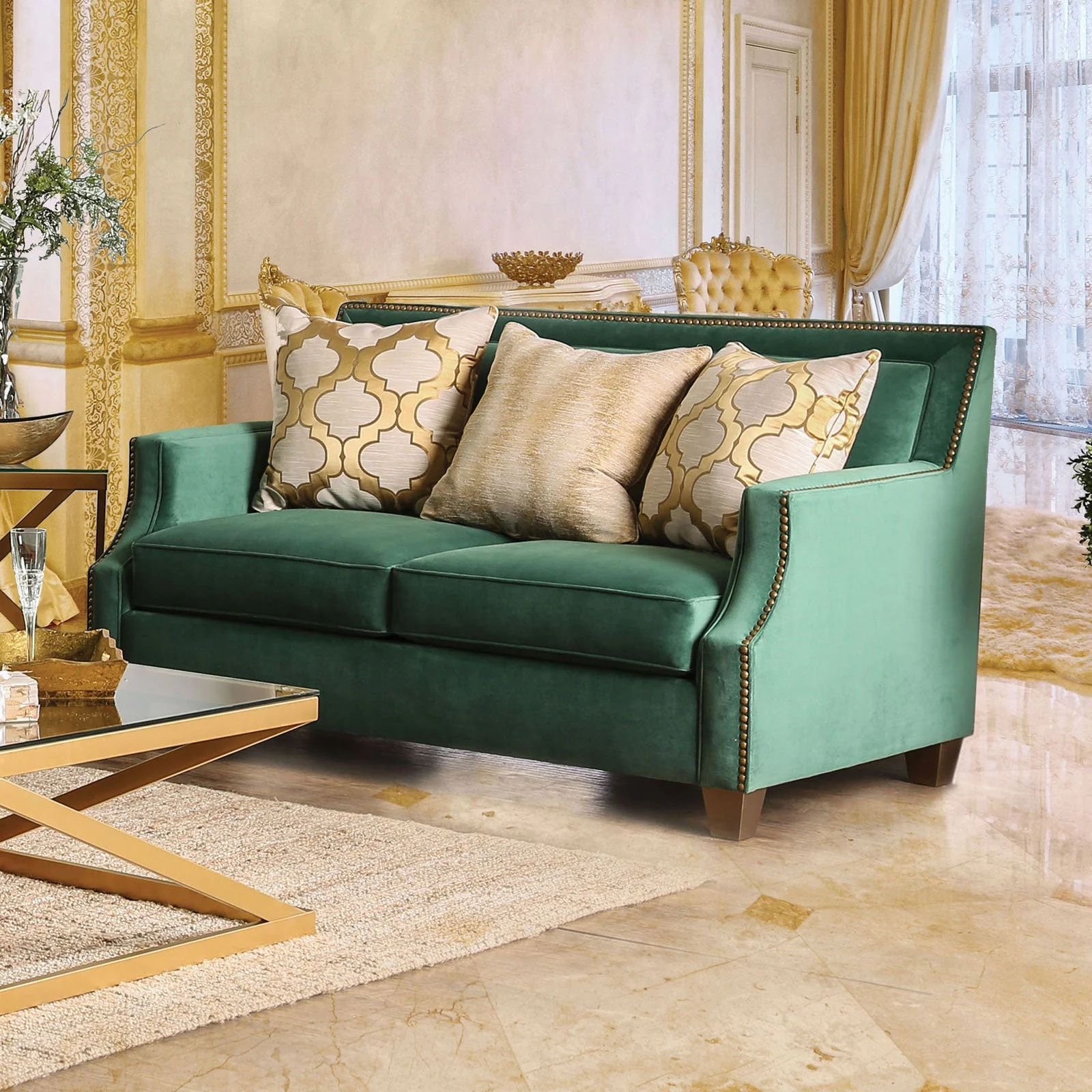 Verdante Emerald Green/Gold Sofa & Loveseat - Image 3