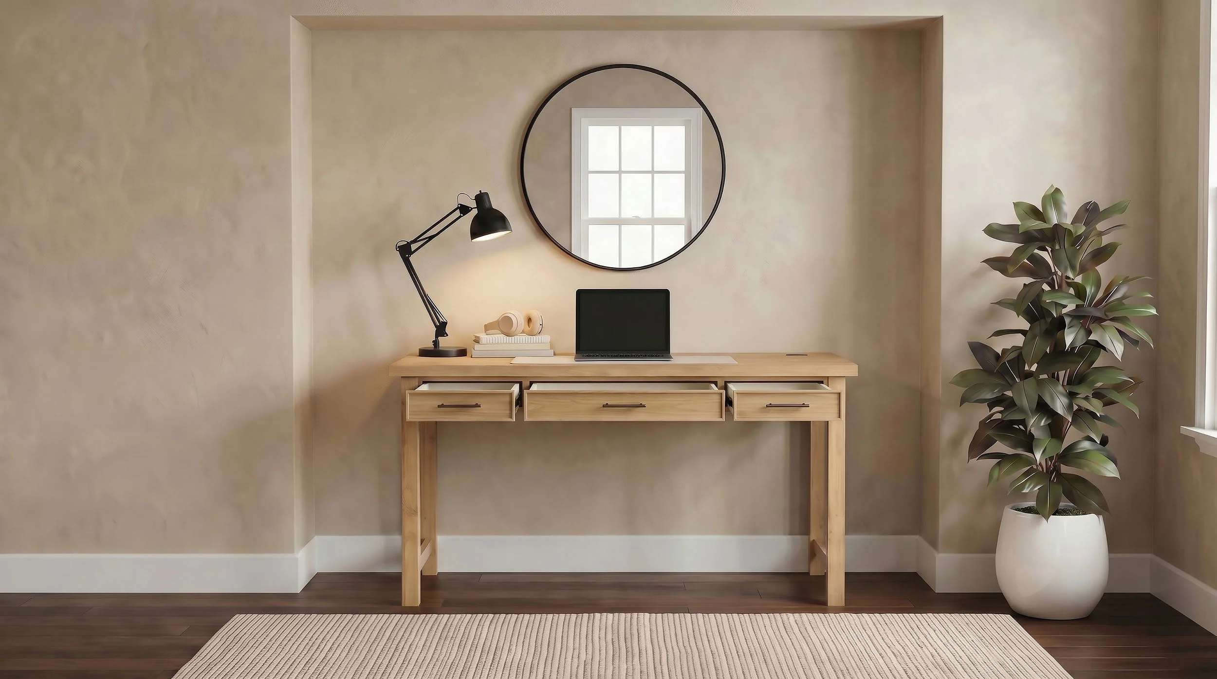 Vermes Light Ash 55-inch 3-drawer Writing Desk with Power Outlet
