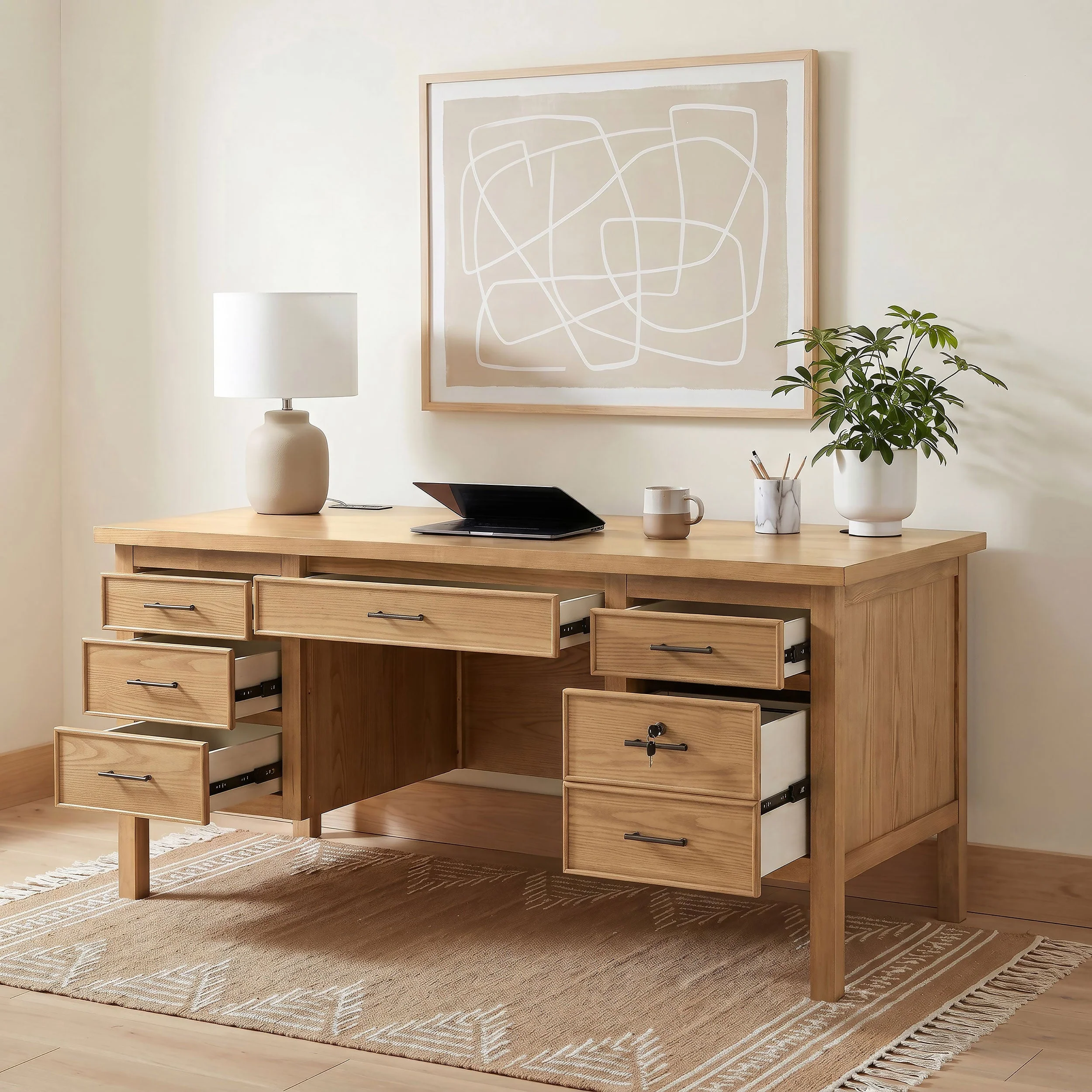 Vermes Light Ash 66-inch 7-drawer Computer Desk with Power Outlet