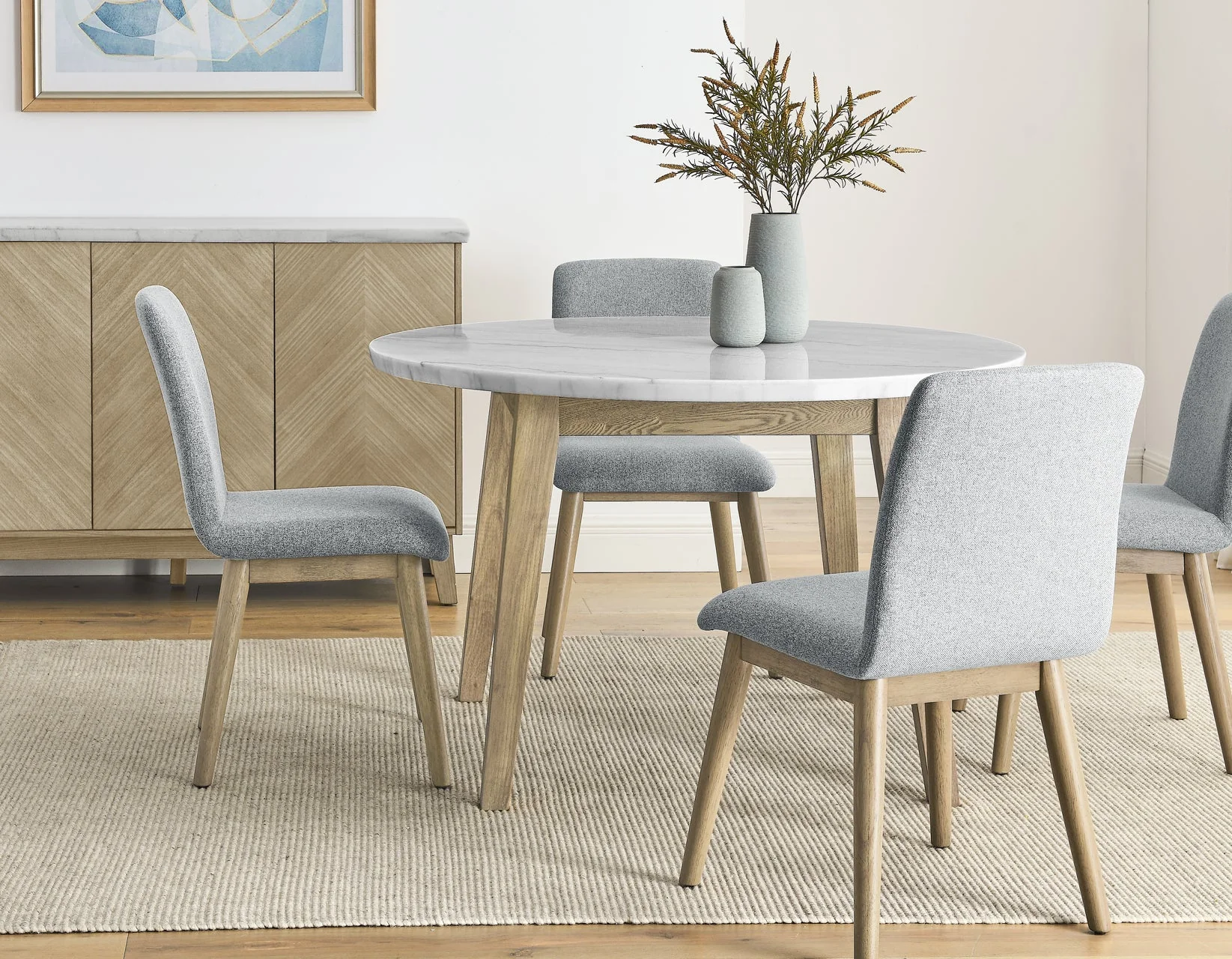 Vida Burnished Blonde/Gray Round Marble Top Dining Room Set
