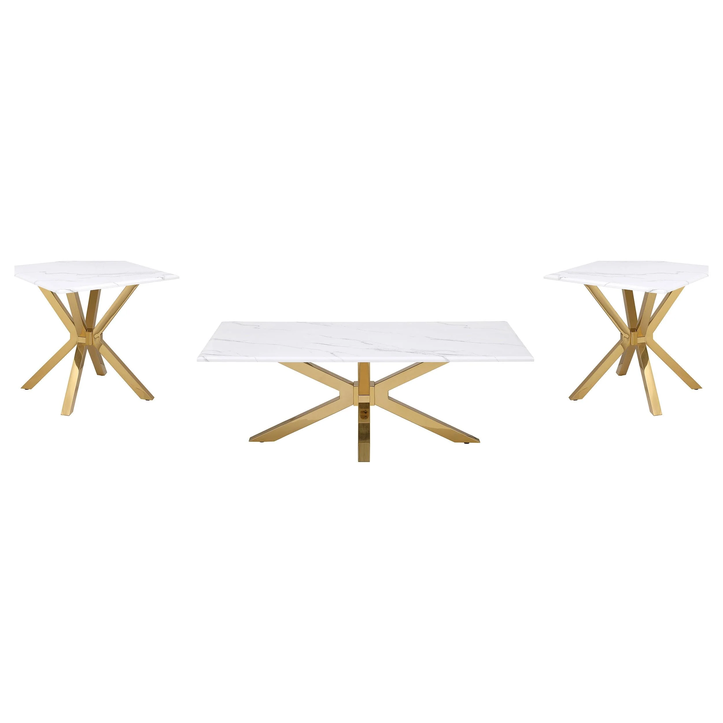 Visalia White and Gold 3-Piece Faux Marble Coffee and End Table Set - Image 2