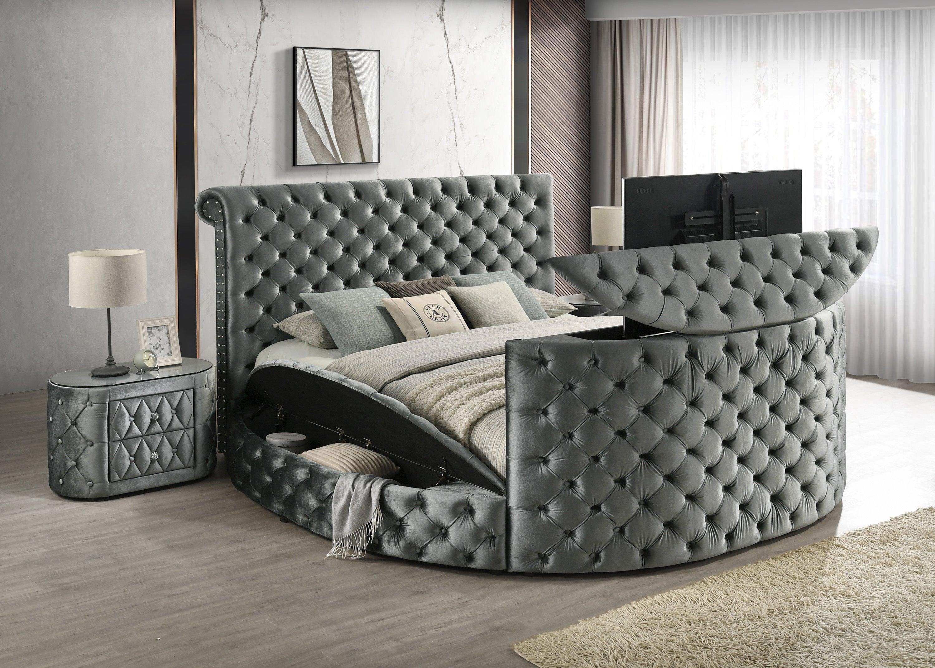 Voltare Gray King Upholstered Fireplace Bed with TV Lift - Image 2