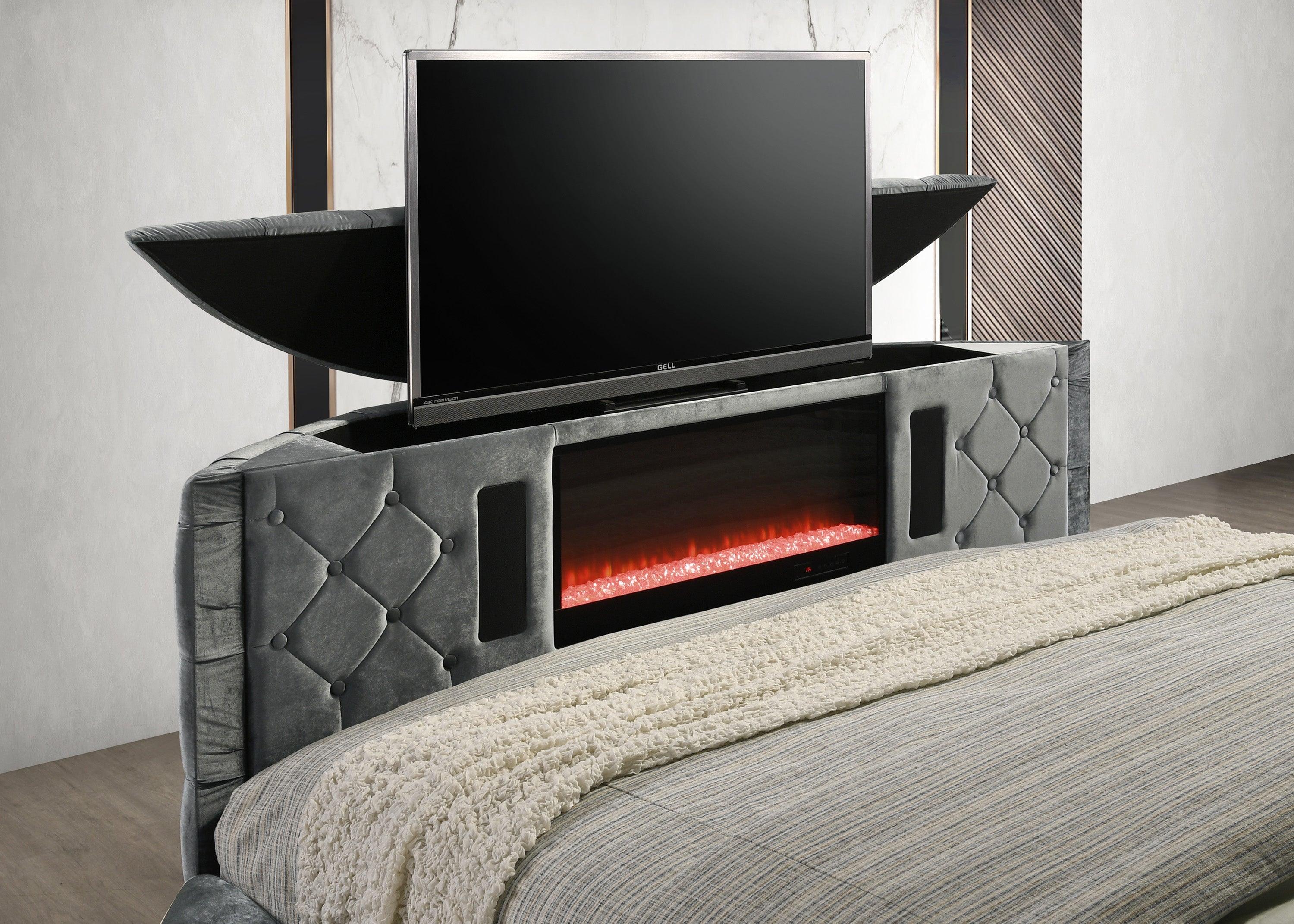 Voltare Gray King Upholstered Fireplace Bed with TV Lift - Image 8