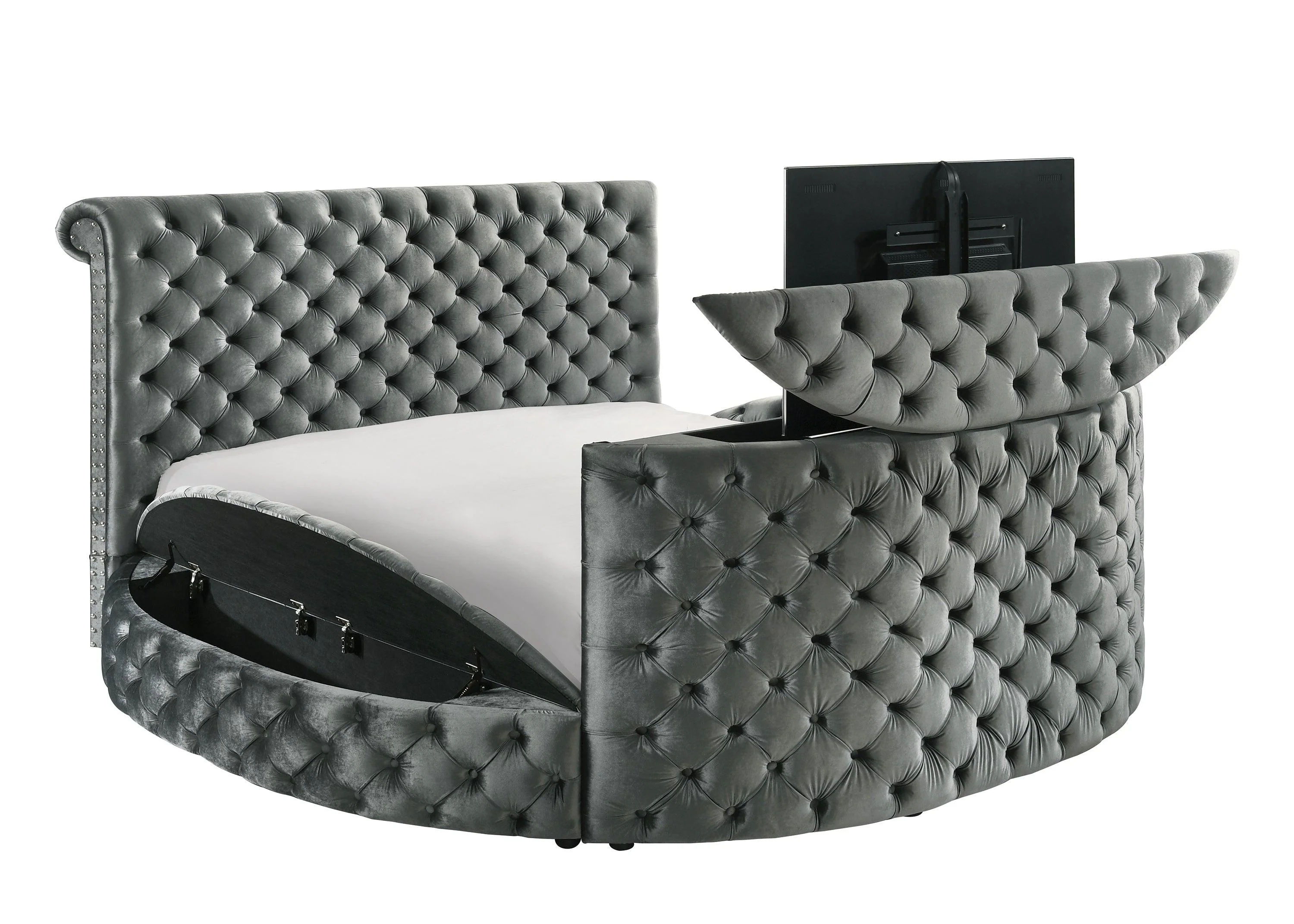 Voltare Gray Queen Upholstered Fireplace Bed with TV Lift - Image 5
