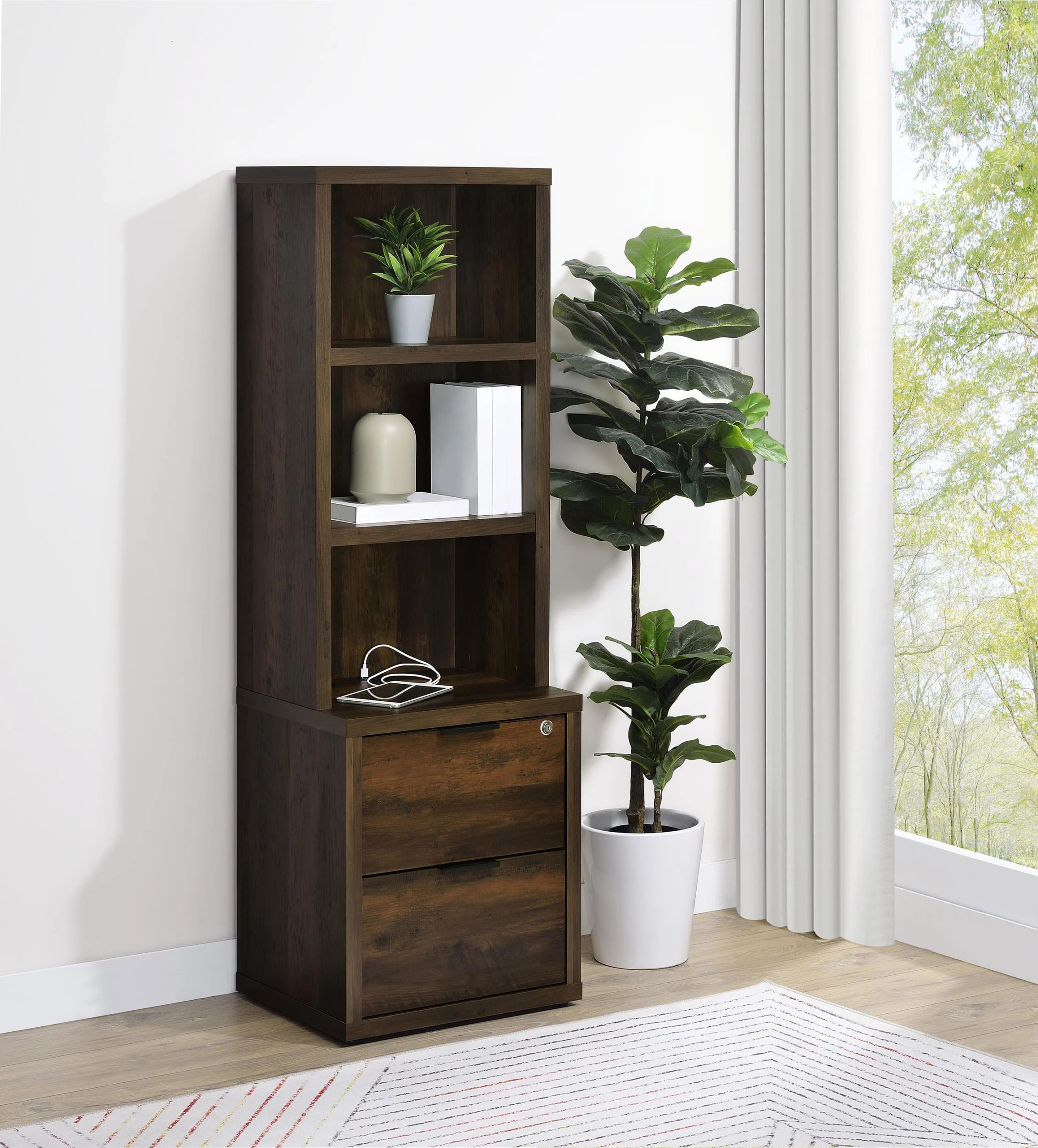 Westpark Dark Pine 3-Shelf Bookcase with Lockable Drawer and USB Ports