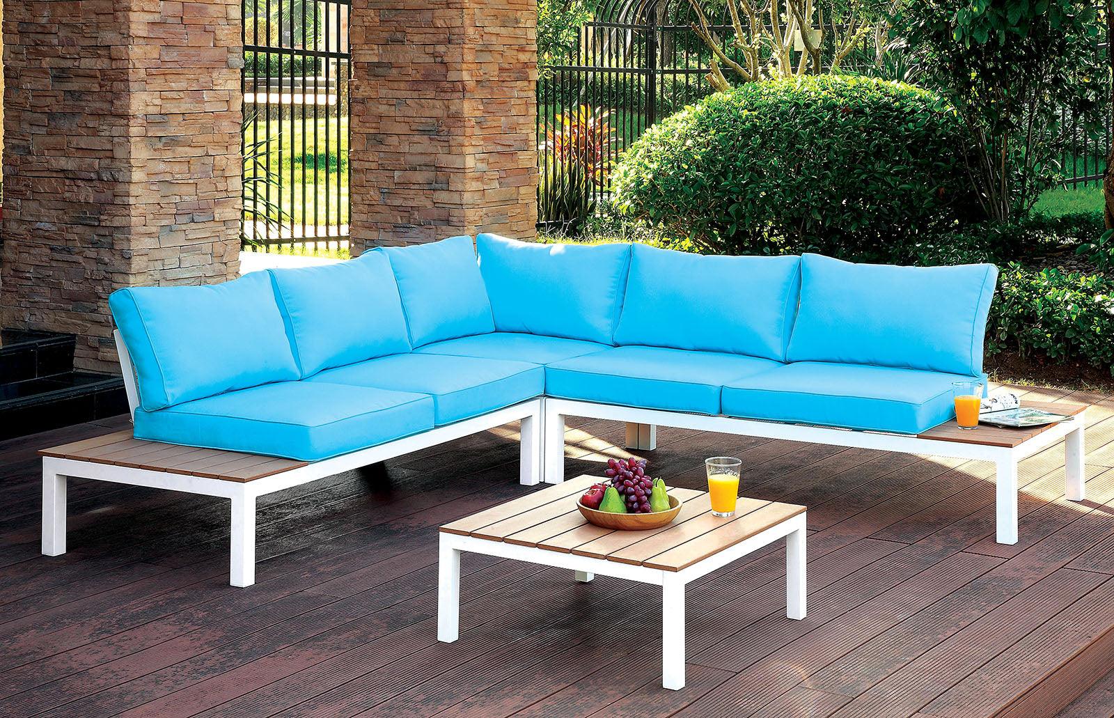 Winona White/Oak/Blue Patio Sectional w/ Ottoman