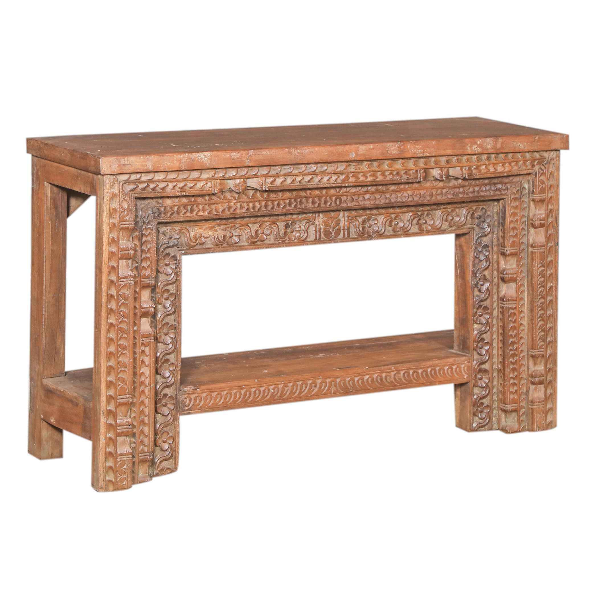 Wood Console Table with Hand Carved Panel