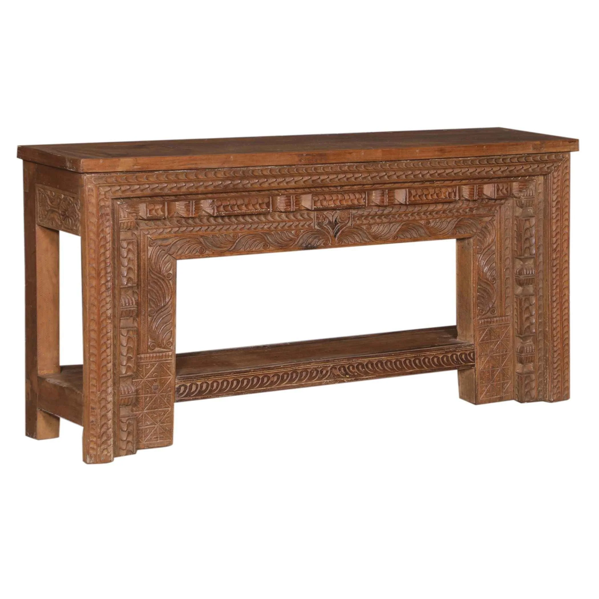 Wood Console Table with Hand Carved Panel