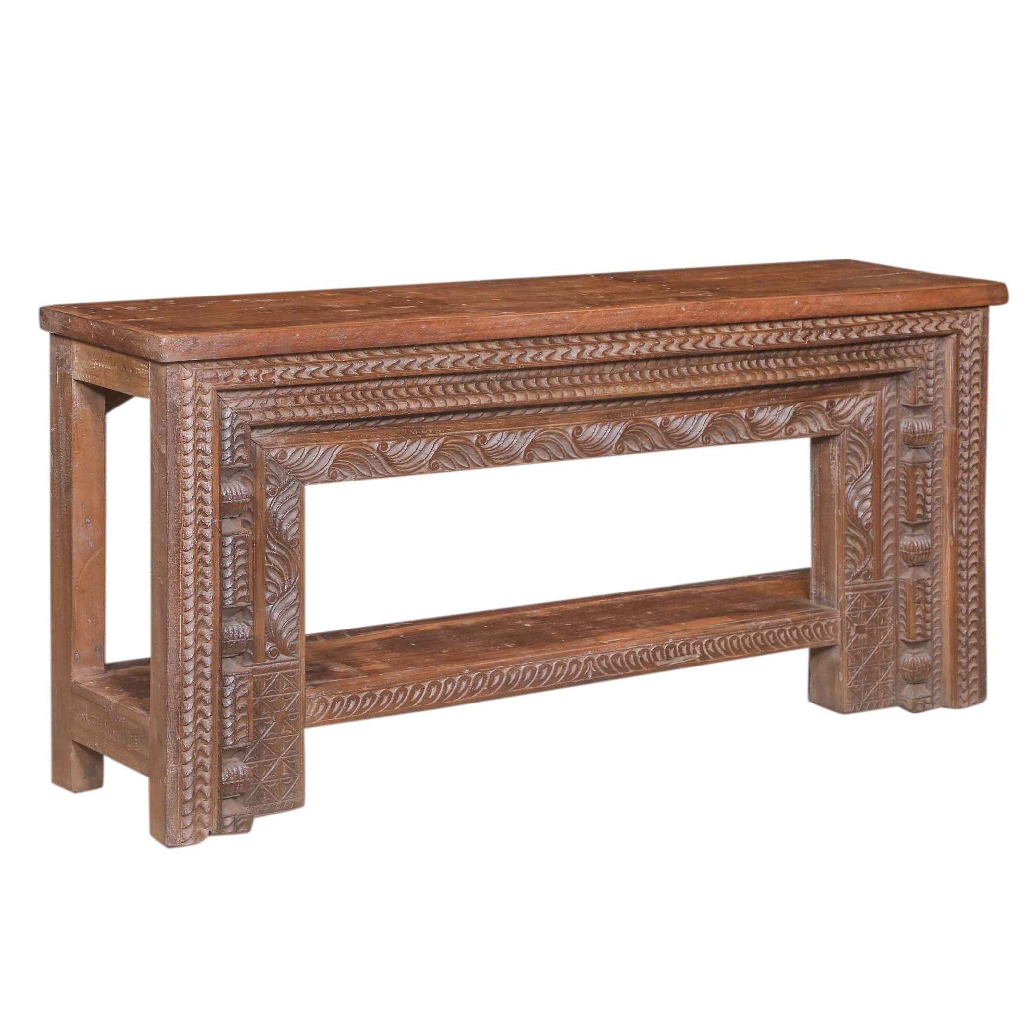 Wood Console Table with Hand Carved Panel