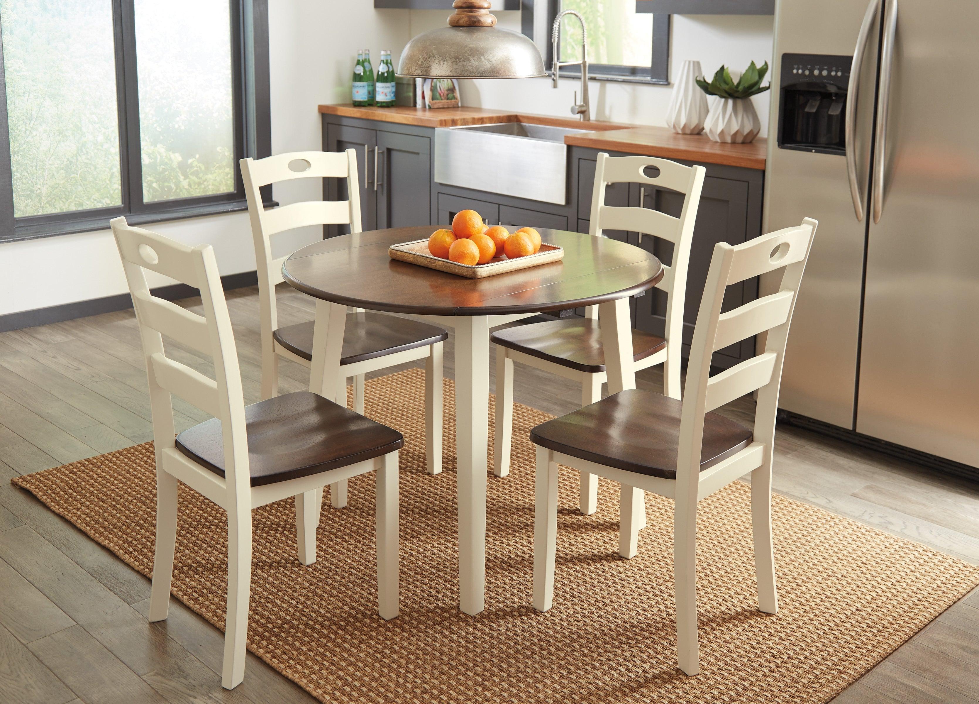 Woodanville White and Brown Round 5-Piece Drop Leaf Dining Room Set